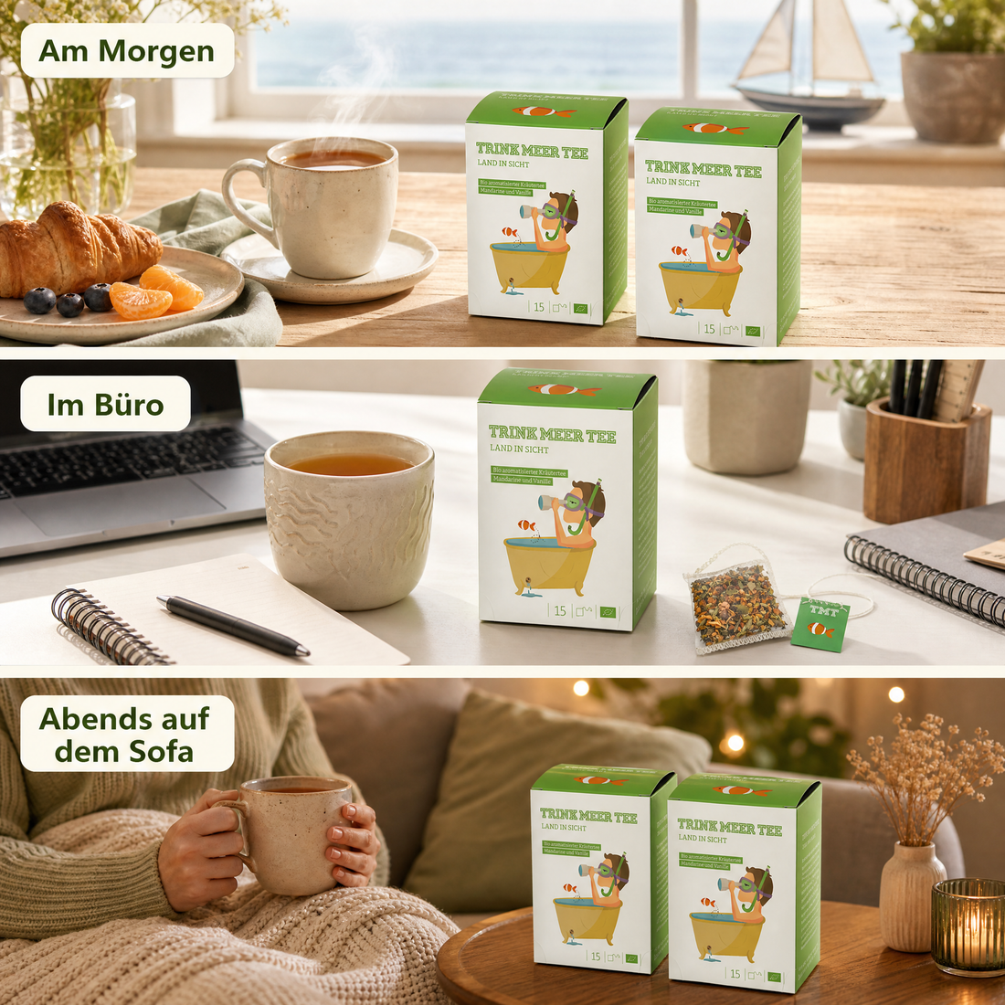 Trink Meer Tee Bio Kräutertee Mandarine Vanille, 15 Kissenbeutel, Fruchtiger Premium Früchtetee mit Sanddorn, Fenchel & Melisse – handgenähte Kissenbeutel