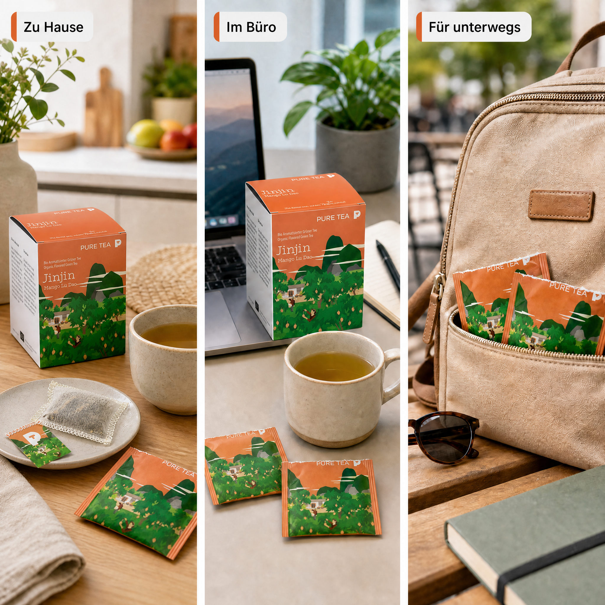 PURE TEA Jinjin Bio Grüner Tee Mango Lu Dao, aromatisierter Grüntee in flachen Kissenbeuteln, 15 x 3 g, einzeln verpackt, Dispenserbox 12 x 9 x 9 cm, glutenfrei, mittlerer Koffeingehalt