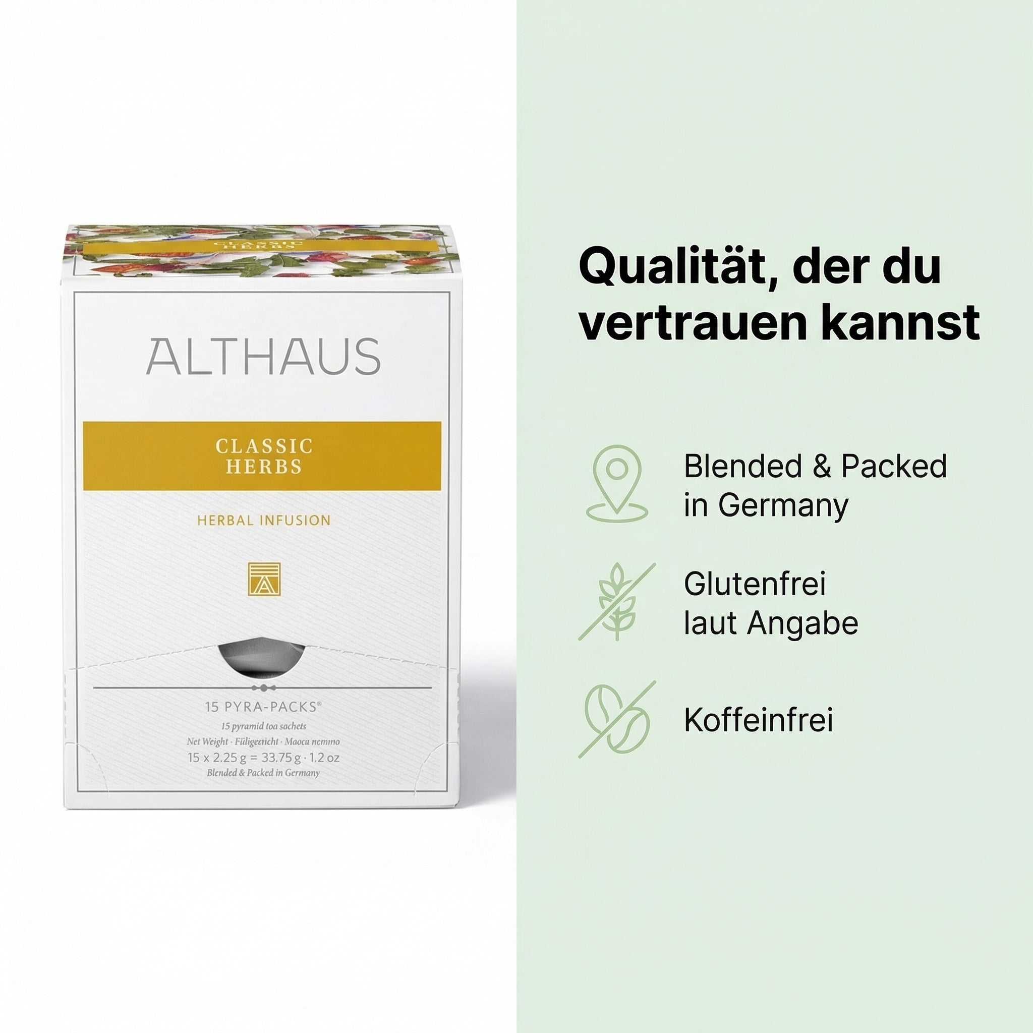 ALTHAUS Kräutertee Classic Herbs, koffeinfrei im Pyramidenbeutel, Pfefferminze-Kamille-Salbei harmonisch abgestimmt, 15 × 2,25 g = 33,75 g, in Deutschland gemischt & verpackt