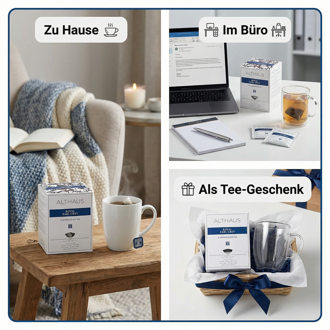 Althaus Earl Grey Teebeutel Royal Earl Grey, aromatisierter Schwarzer Tee mit Bergamotte, Pyramiden-Teebeutel einzeln verpackt, premium Schwarztee, Blended & Packed in Germany, elegante Spenderbox