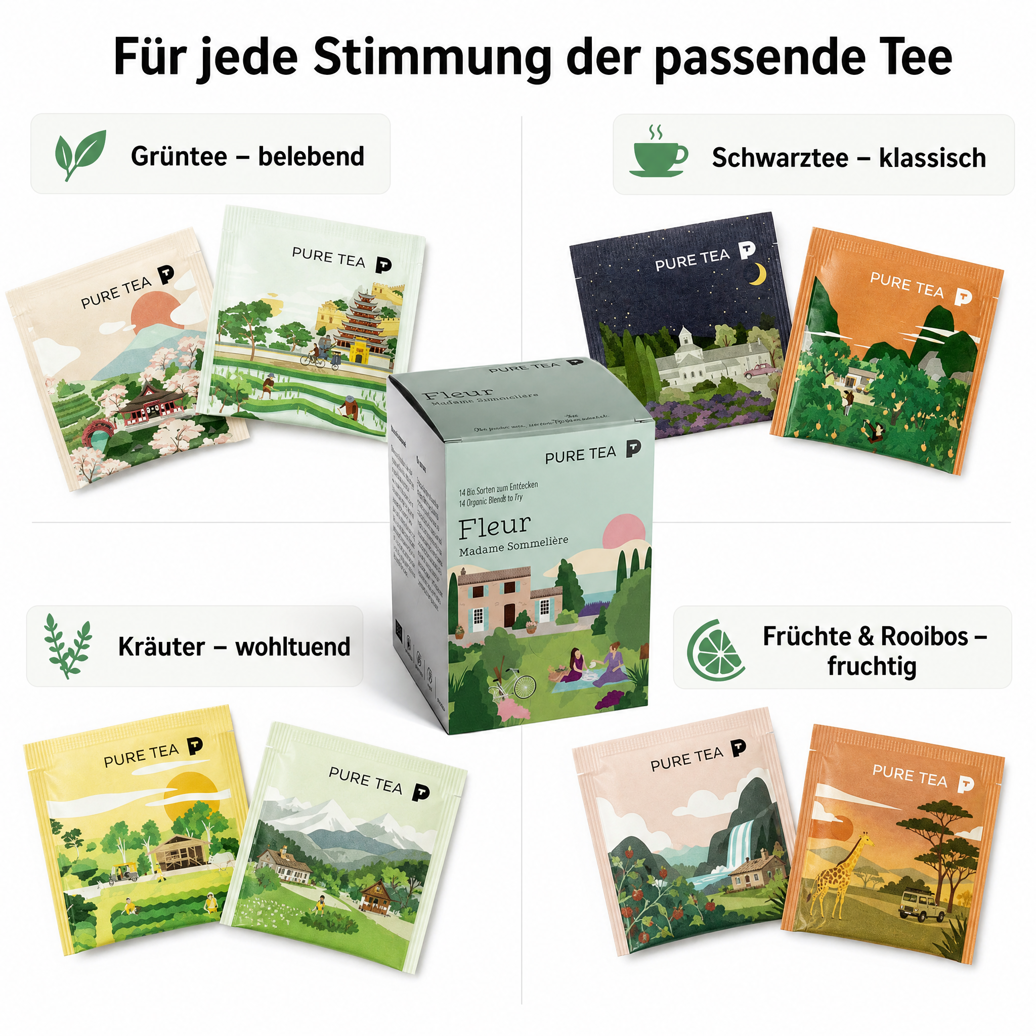 Pure Tea Bio Tee Geschenkset FLEUR Auswahlbox, Premium Tee Set als Probierbox mit Grüntee, Schwarztee, Kräutertee und Früchtetee, handgenähte Kissen-Teebeutel, einzeln verpackt, geschenkfähige Box
