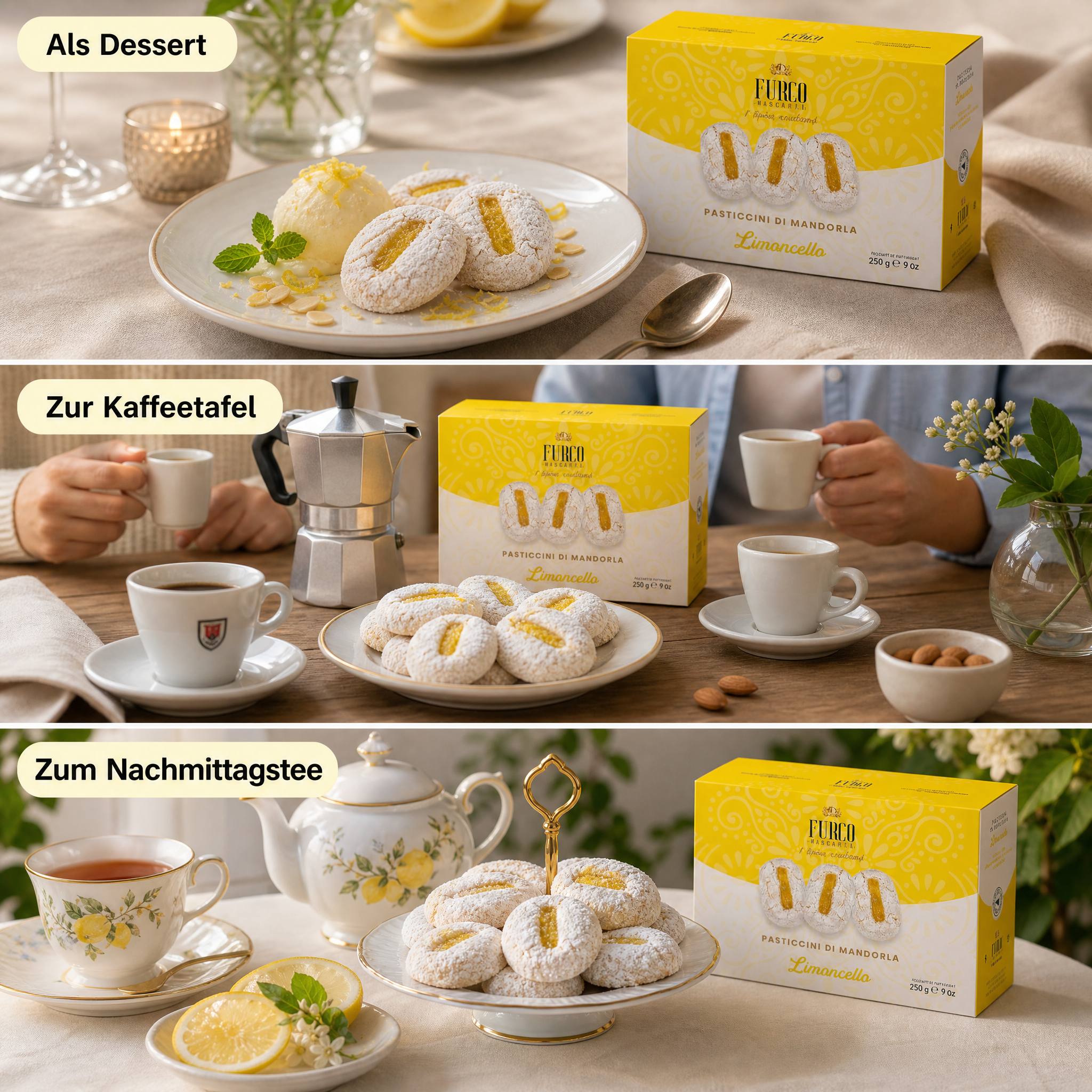 Furco Kekse Pasticcini di Mandorla Limoncello, italienische Mandelgebäck-Spezialität mit Zitrone und Puderzucker, weiches sizilianisches Gebäck in gelb‑weißer Geschenkbox, 250 g