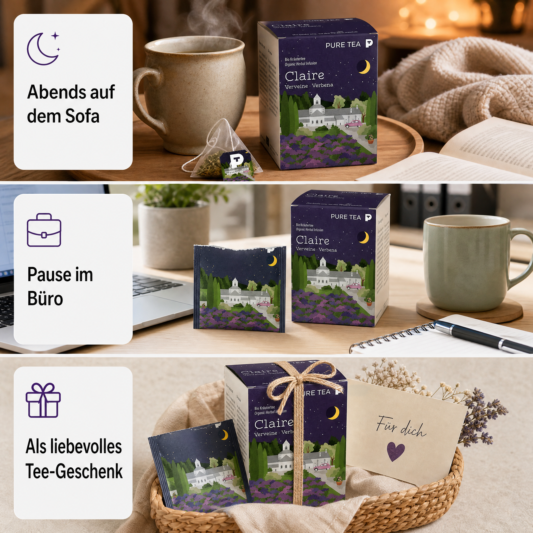 PURE TEA Zitronenverbene Tee Claire Verveine, Bio Kräutertee im handgenähten Kissen-Teebeutel, 15 x 1,5 g, zart zitroniger Geschmack, Dispenserbox 12 x 9 x 9 cm