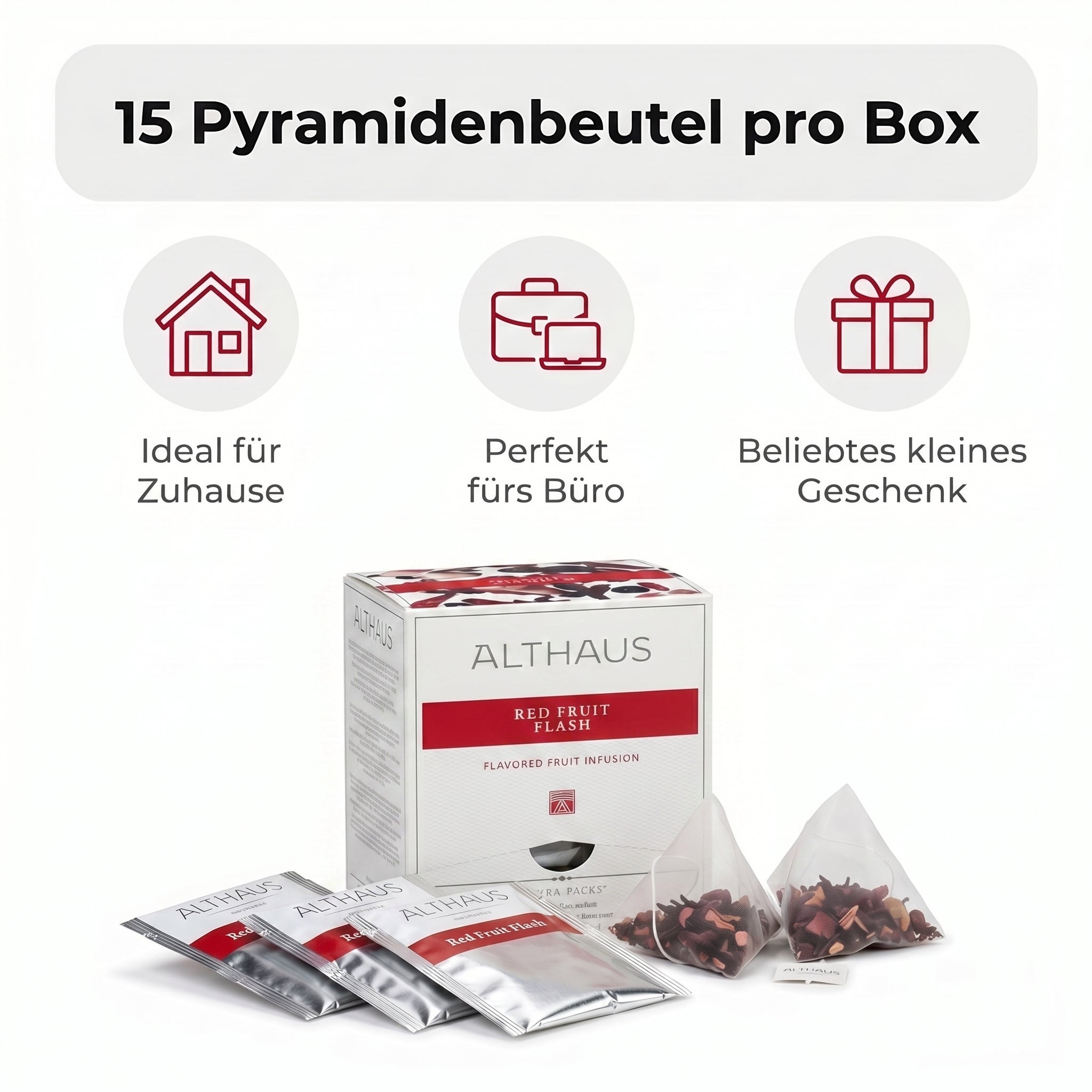 Althaus Früchtetee Red Fruit Flash, aromatisierte Fruchtinfusion in Pyramiden-Teebeuteln, einzeln verpackt, abbaubare Pyra-Packs, rote Tassenfarbe, Blended & Packed in Germany