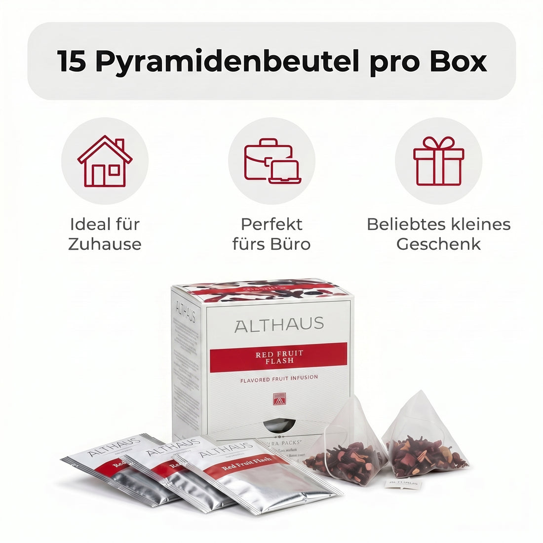Althaus Früchtetee Red Fruit Flash, aromatisierte Fruchtinfusion in Pyramiden-Teebeuteln, einzeln verpackt, abbaubare Pyra-Packs, rote Tassenfarbe, Blended & Packed in Germany