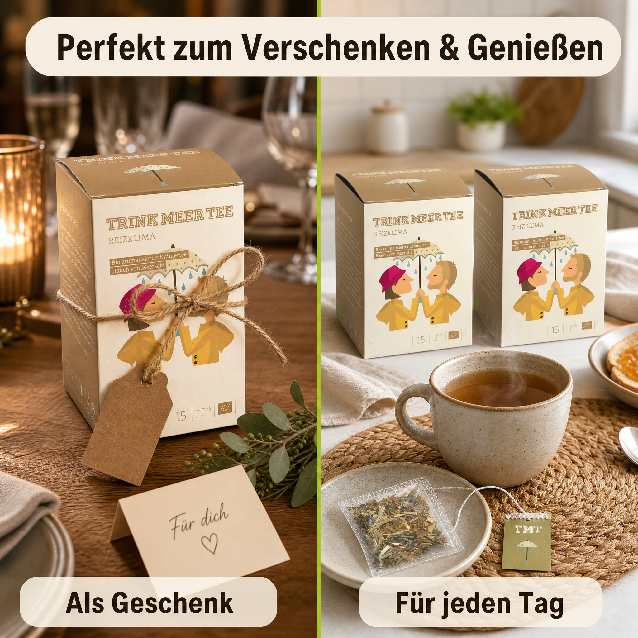 TTRINK MEER TEE REIZKLIMA Bio Kräutertee, mit Meersalz und Ingwer, vegan, glutenfrei, laktosefrei, handgenähte Kissenteebeutel, maritimes Design