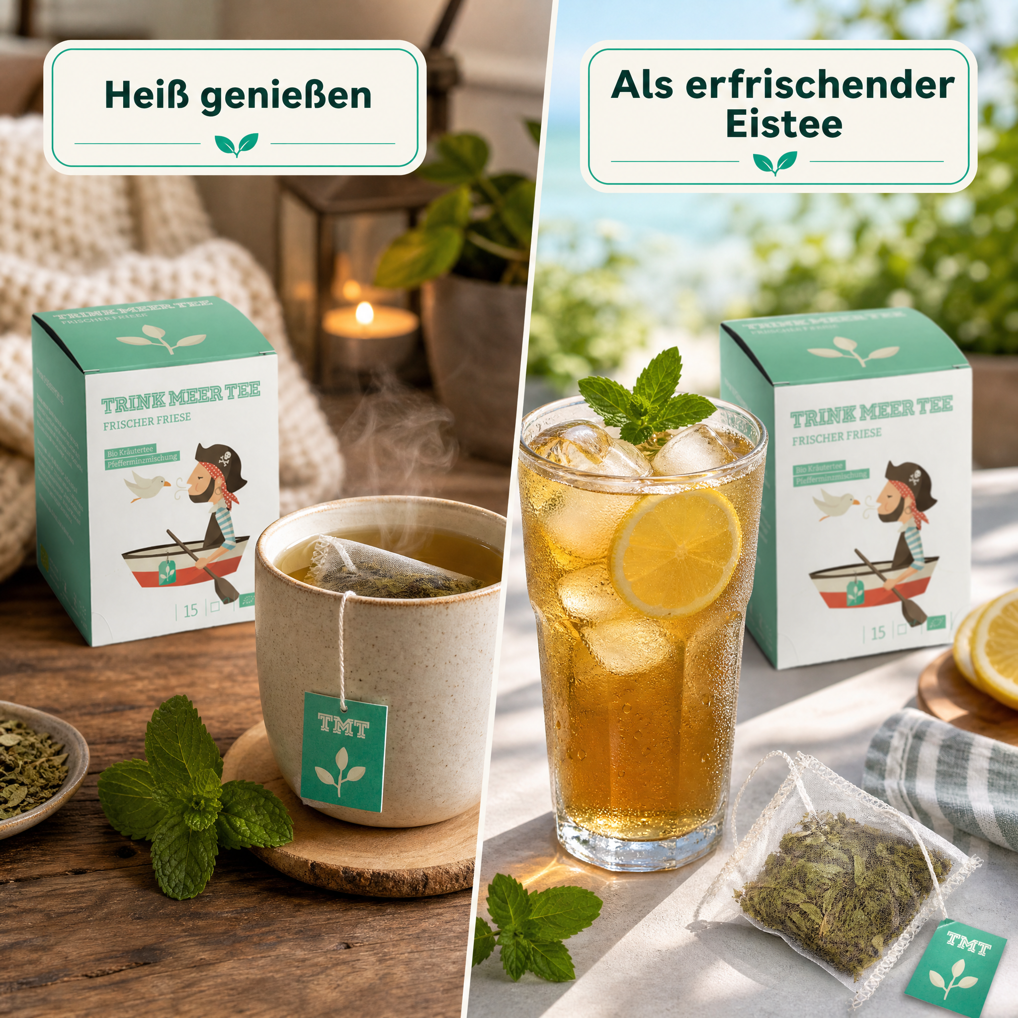 Trink Meer Tee Pfefferminztee Frischer Friese Bio Kräutertee in Teebeuteln, erfrischend und aromatisch, handgenähte Kissenbeutel aus Netzmaterial, maritimes Design, hergestellt in Deutschland - 15 x 1,5g Beutel