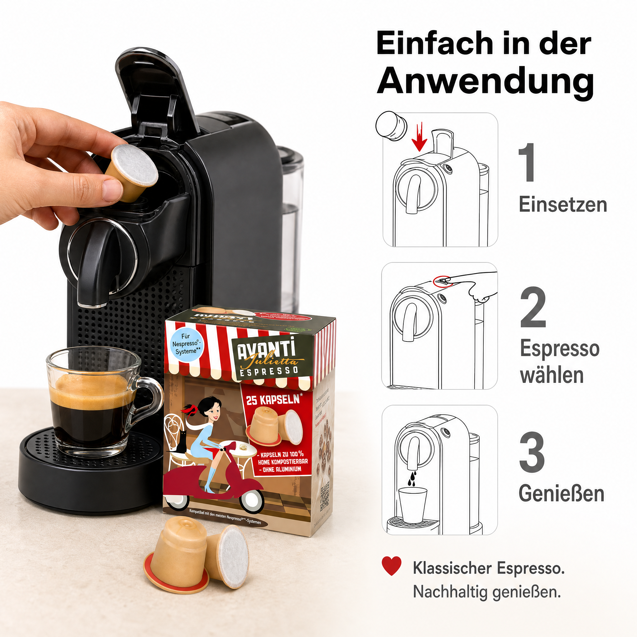 Avanti Julietta in Biocaps* Kapseln, 70% Arabica 30% Robusta, kräftige Crema und geringe Säure, kompostierbare Kapseln ohne Aluminium, kompatibel mit Nespresso Original, 25 Stück