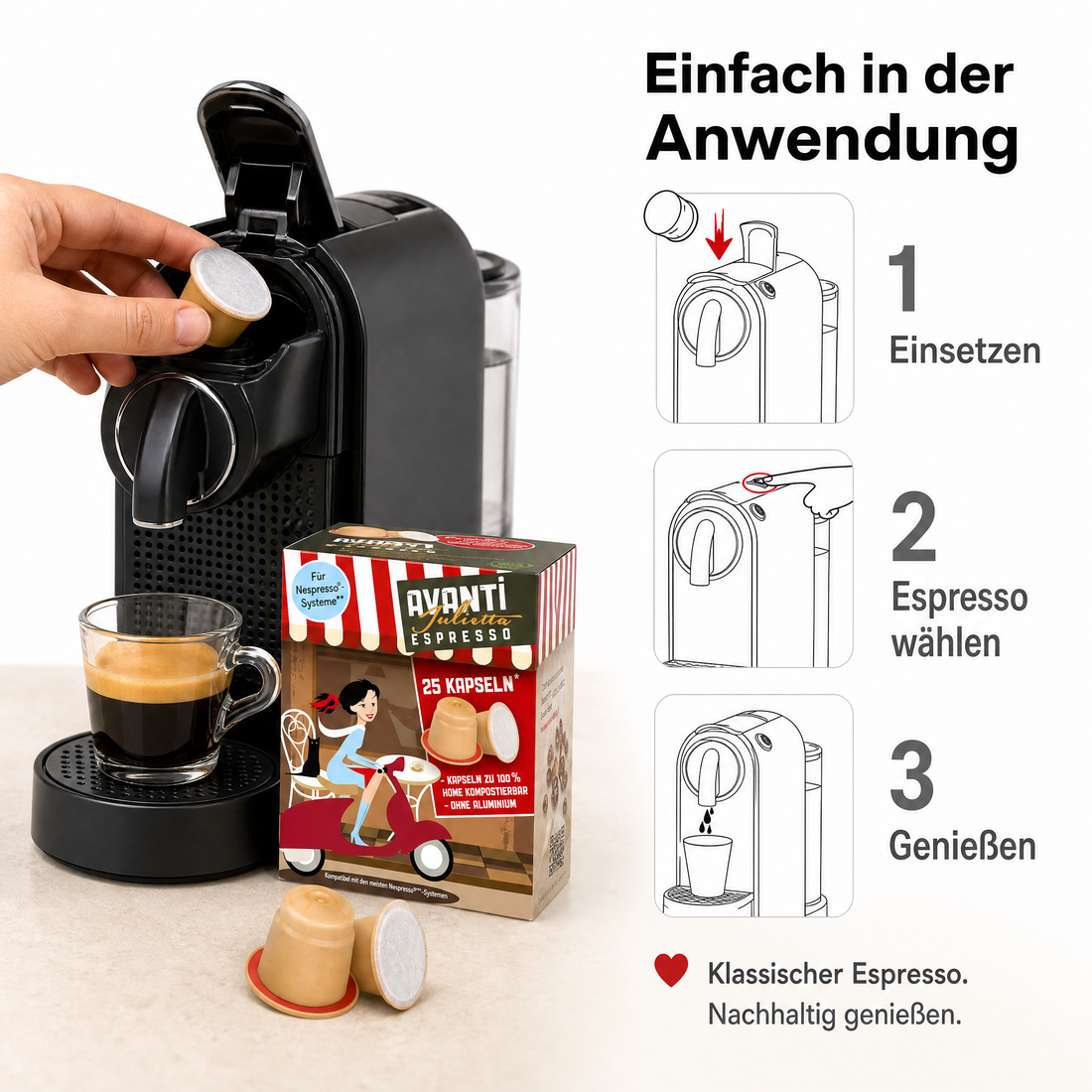 Avanti Julietta in Biocaps* Kapseln, 70% Arabica 30% Robusta, kräftige Crema und geringe Säure, kompostierbare Kapseln ohne Aluminium, kompatibel mit Nespresso Original, 25 Stück