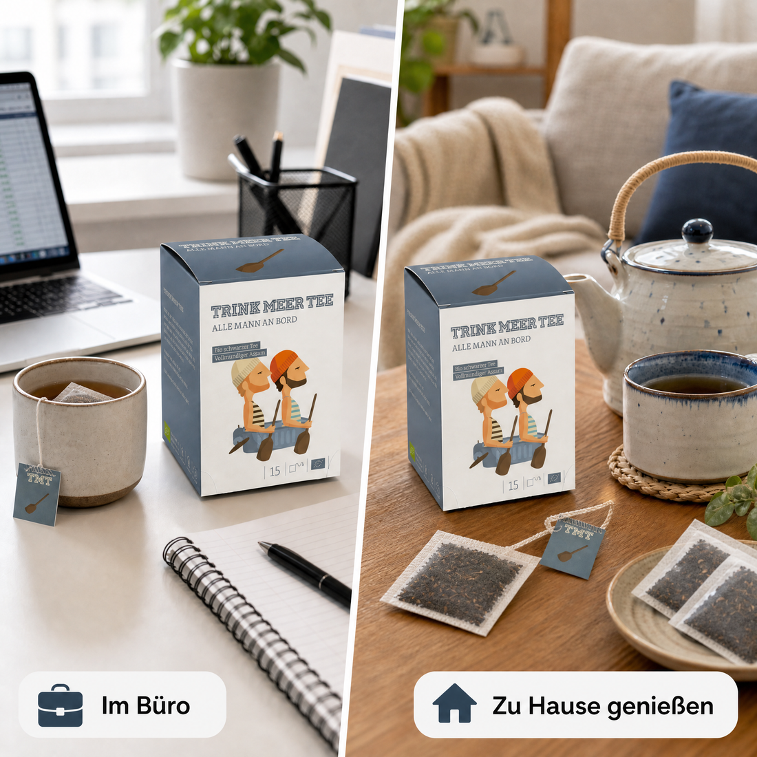 Trink Meer Tee Bio Schwarzer Tee, Alle Mann an Bord, Assam Tee hocharomatisch malzig-feinwürzig, Packung mit 15 handgenähten Kissenbeuteln à 3 g, 45 g, maritimes Geschenk