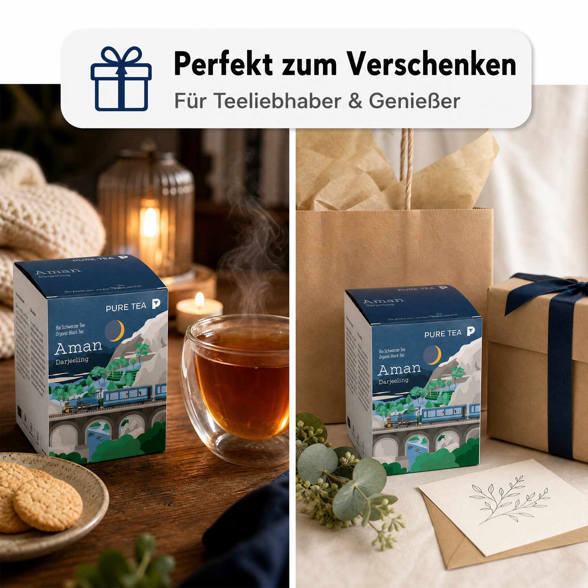 PURE TEA Aman Darjeeling Tee, Bio-Schwarztee mit g.g.A., handgepflückt im Himalaya, handgenähte Kissenbeutel, einzeln verpackt und aromaversiegelt, Dispenserbox, kontrolliert biologischer Anbau gemäß EU-Öko-Standards (Kontrollstelle PL-EKO-01)