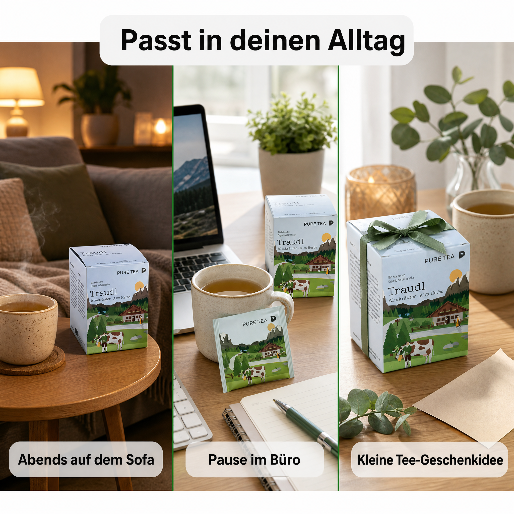 PURE TEA Traudl Bio Kräutertee Almkräuter, koffeinfreier Alpenkräuter Tee als Kräutermischung mit Spitzwegerich, Apfelminze & Melisse, einzeln verpackte Kissenbeutel in Dispenserbox