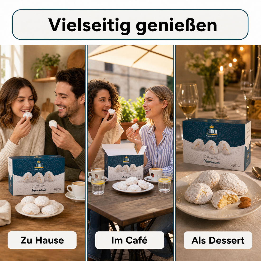 Furco Italienische Kekse Ricciarelli, Mandelgebäck mit Puderzucker, weiche zarte Textur, elegante Geschenkbox, italienisches Gebäck zu Kaffee & Tee, 250 g