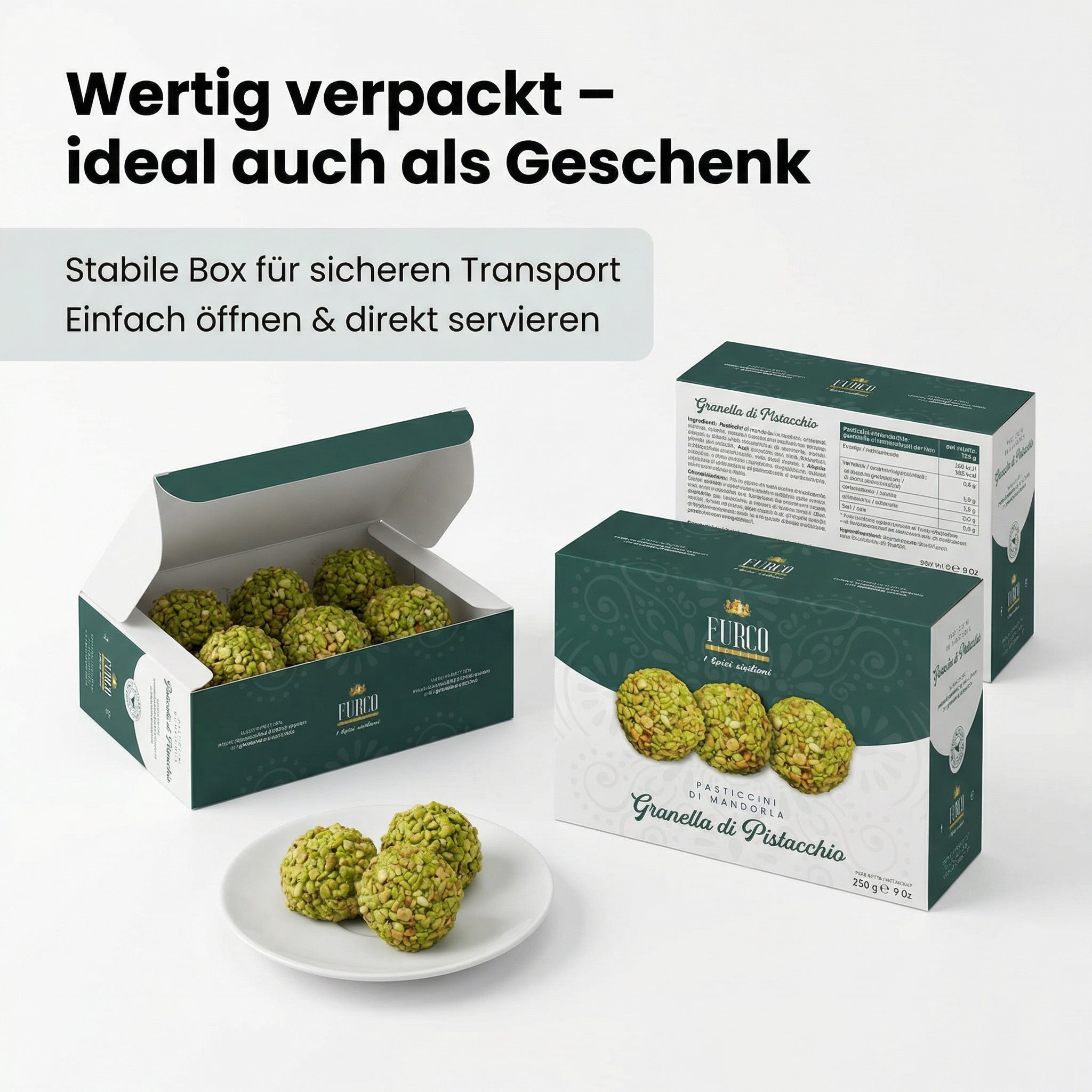 FURCO Pasticcini di Mandorla, italienisches Mandelgebäck mit Pistazien-Granella, sizilianisches Mandelgebäck für Espresso & Kaffee, Pistaziengebäck in Box, 250 g