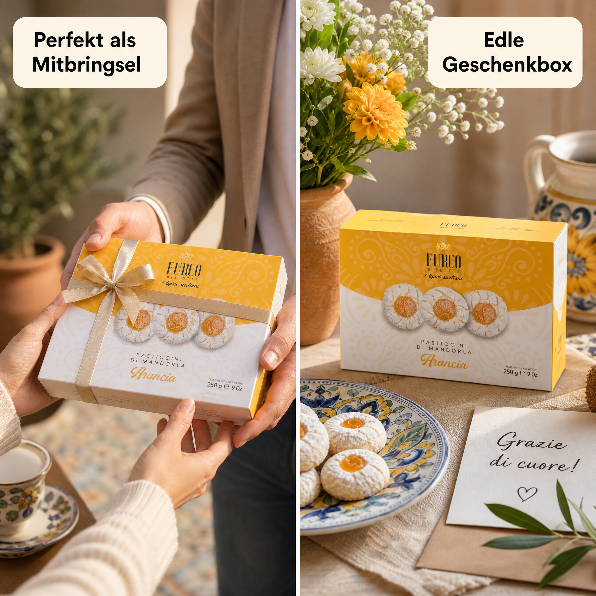 Furco Mandelgebäck Pasticcini di Mandorla Arancia, Italienische Kekse mit Orange, Sizilianisches Gebäck in Geschenkbox, Amarettini, Hergestellt in Italien, 250 g