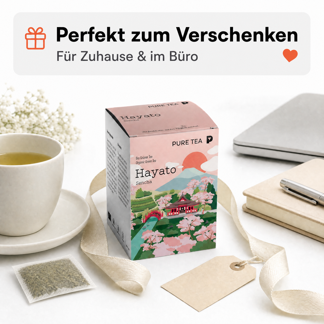 Pure Tea Grüner Tee Sencha Hayato, japanischer Bio Grüntee im Kissenbeutel, 15 Beutel à 3 g, Premiumqualität, Dispenserbox, frisch-duftiges Aroma