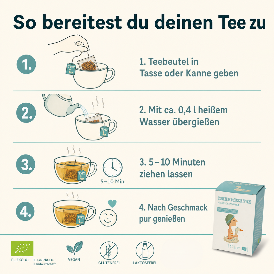 Trink Meer Tee Bio Früchtetee Nichtschwimmer, aromatisiert mit Holunder, Orange und Vanille, handgenähte Kissenbeutel, koffeinfrei, vegan und glutenfrei, zertifiziert, 15 Kissenteebeutel