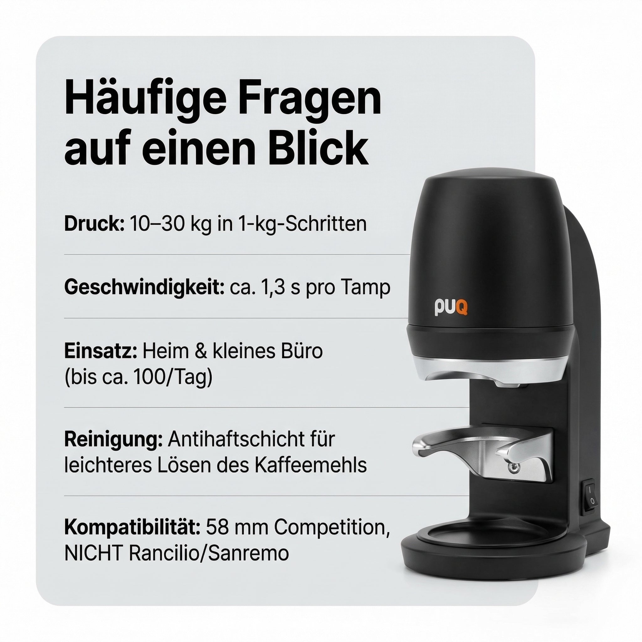 Puqpress Mini Automatischer Espresso Tamper, Schwarz, 58mm, Gen 6, Einstellbarer Druck 10-30 kg, auch für Heimgebrauch