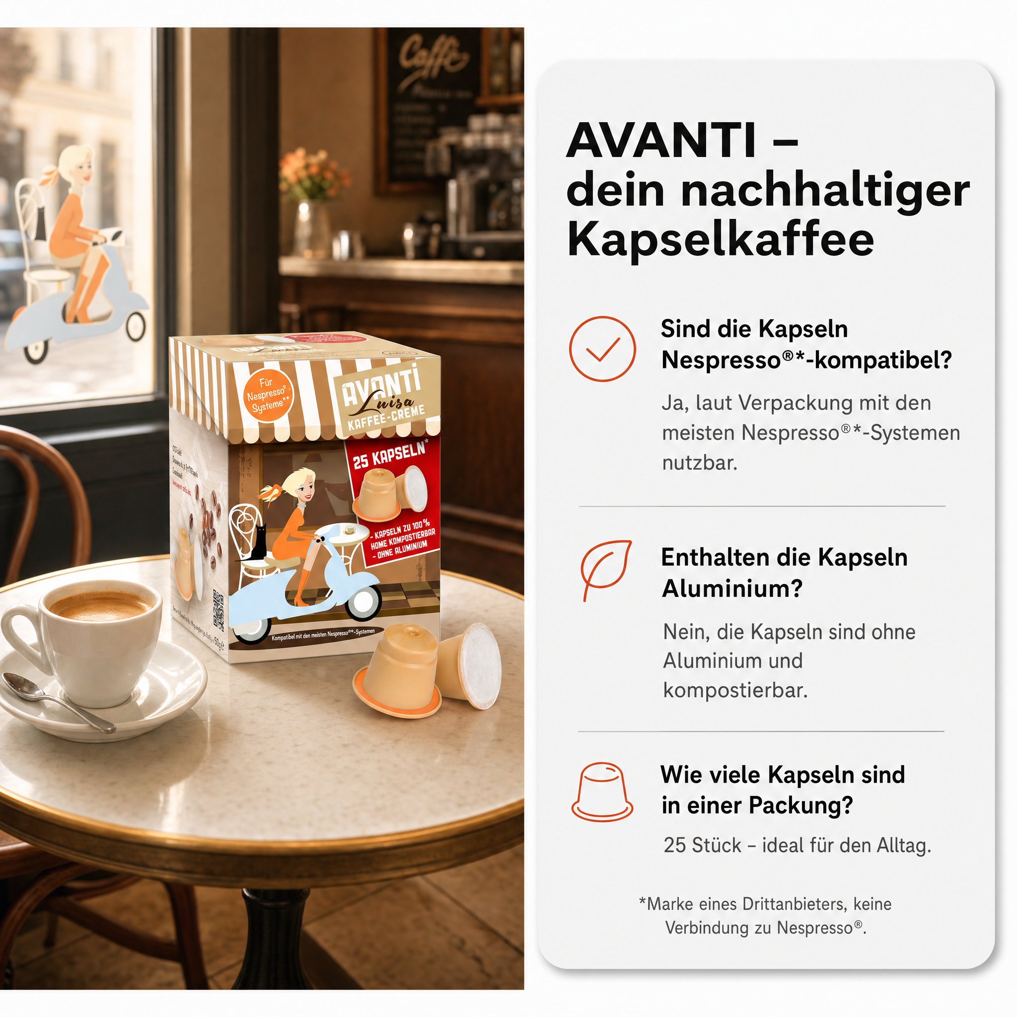 AVANTI Kapseln Luisa – kompatibel mit Nespresso Kaffeekapseln, 25 Stück, 90% Arabica 10% Robusta, säurearm und mild, ohne Aluminium, 100% home‑kompostierbar, 6 g pro Kapsel, dichte Crema