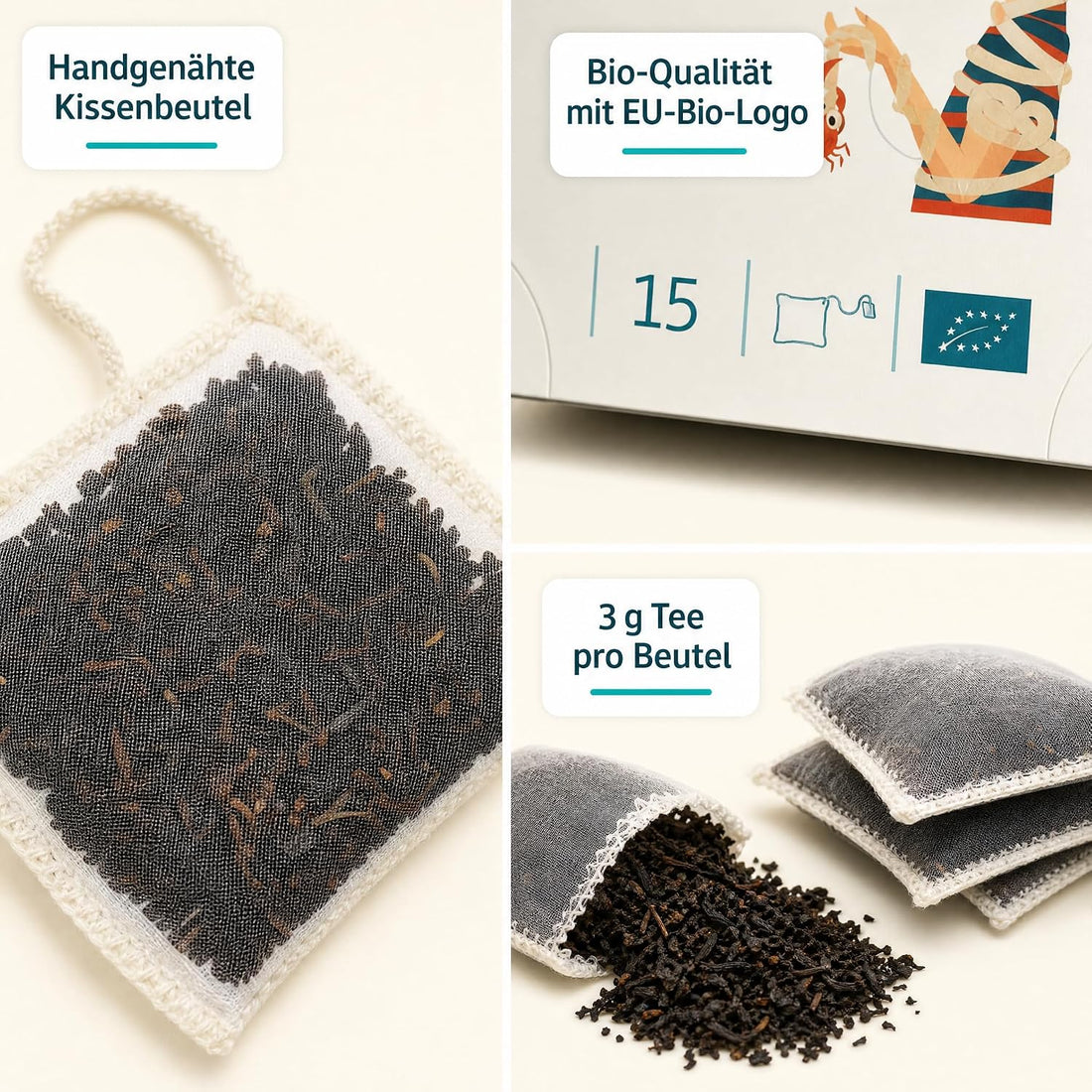 6 x Trink Meer Tee Denn Man Tau, Schwarzer Tee English Breakfast, 90 Teebeutel, Kräftiger Schwarztee im handgenähten Kissenbeutel