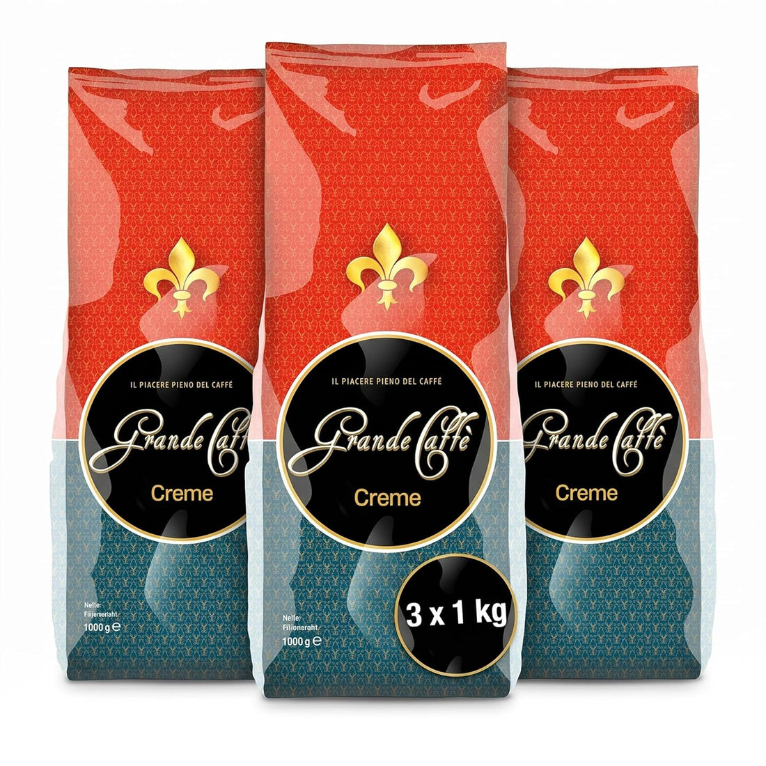 Grande Caffè Kaffeebohnen Caffè Crema, 90% Arabica 10% Robusta, traditionelle Trommelröstung, ganze Bohnen 1 kg, für Vollautomaten und Siebträger, ausgewogener Geschmack mit Honig, Vanille und Mandel