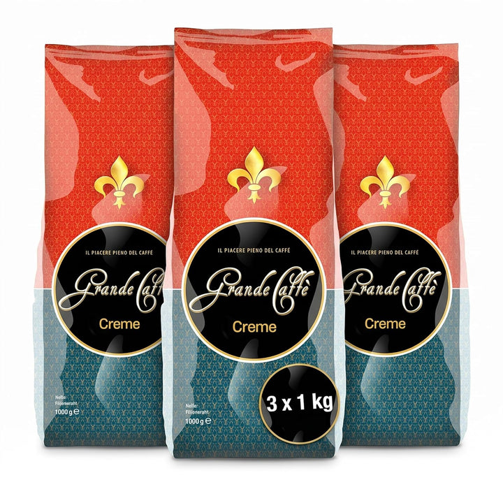 Grande Caffè Kaffeebohnen Caffè Crema, 90% Arabica 10% Robusta, traditionelle Trommelröstung, ganze Bohnen 1 kg, für Vollautomaten und Siebträger, ausgewogener Geschmack mit Honig, Vanille und Mandel