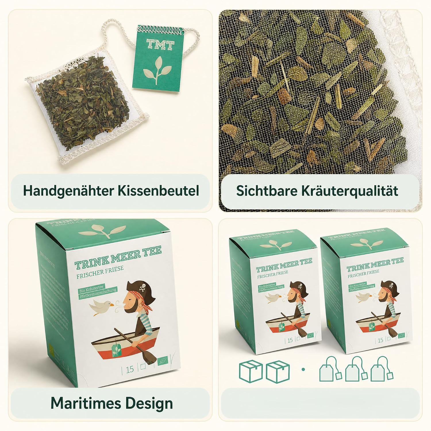 6 x Trink Meer Tee Pfefferminztee Frischer Friese Premium Kräutertee in Teebeuteln, erfrischend und aromatisch, handgenähte Kissenbeutel aus Netzmaterial, maritimes Design