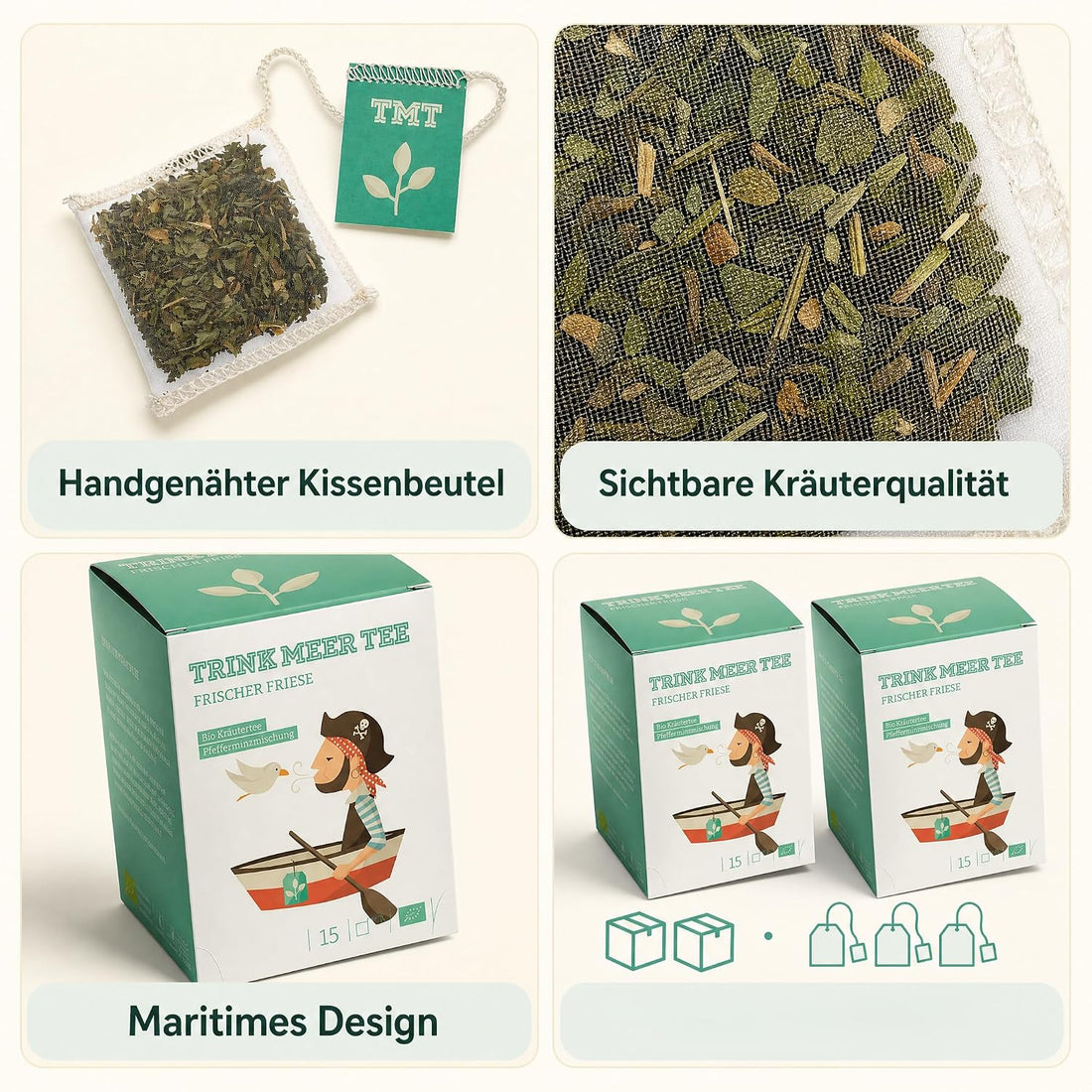 6 x Trink Meer Tee Pfefferminztee Frischer Friese Premium Kräutertee in Teebeuteln, erfrischend und aromatisch, handgenähte Kissenbeutel aus Netzmaterial, maritimes Design