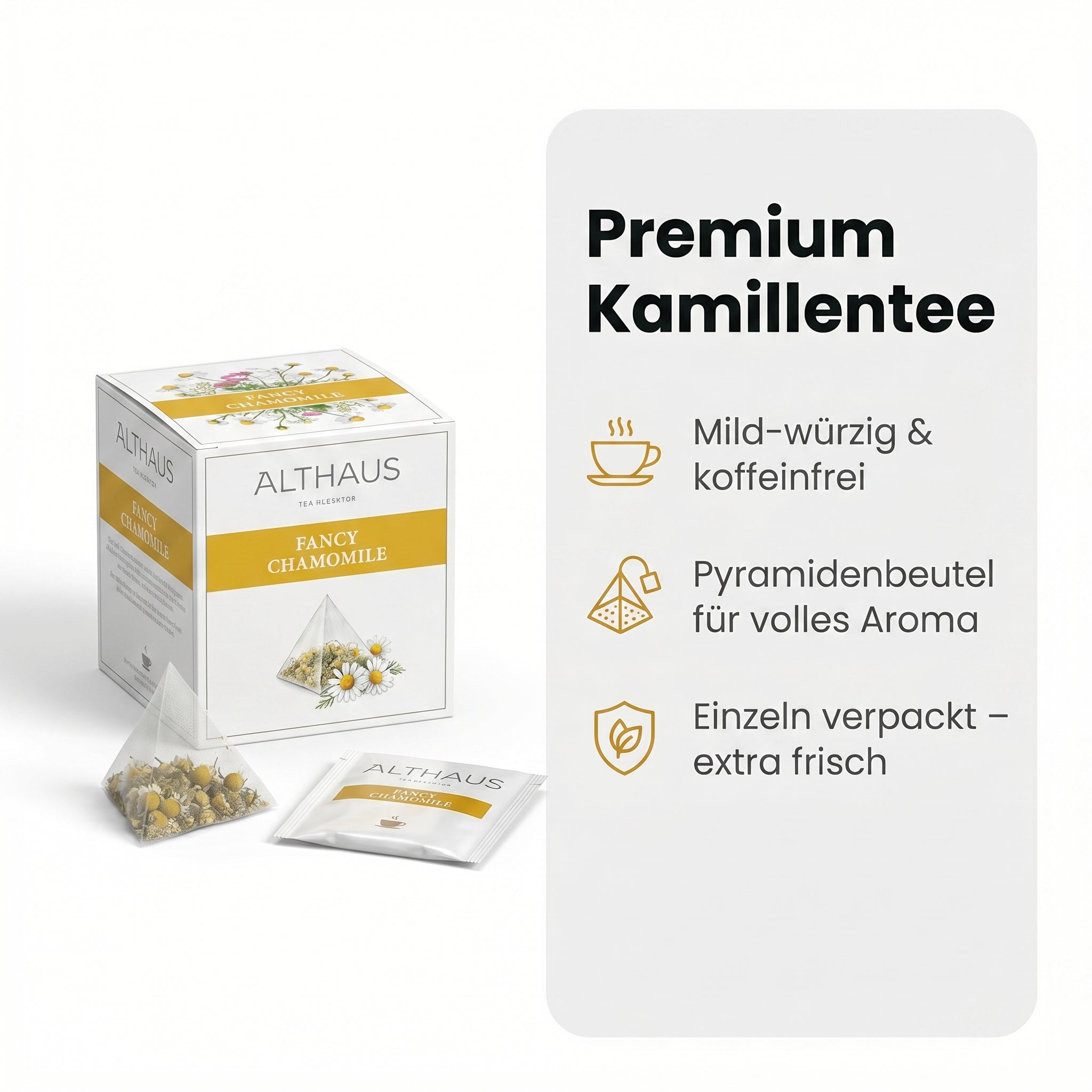 Althaus Kamillentee Fancy Chamomile, Kräutertee im Pyramidenbeutel mit Zitronenverbene, Hagebutte & Zimt, koffeinfrei, 100% abbaubare Beutel, in Deutschland gemischt & verpackt
