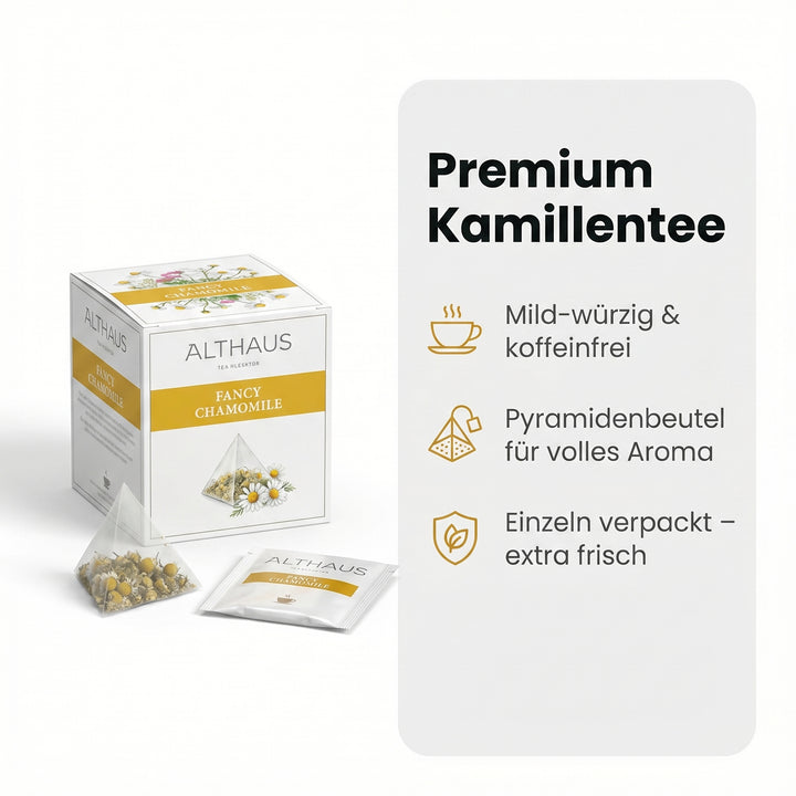 Althaus Kamillentee Fancy Chamomile, Kräutertee im Pyramidenbeutel mit Zitronenverbene, Hagebutte & Zimt, koffeinfrei, 100% abbaubare Beutel, in Deutschland gemischt & verpackt