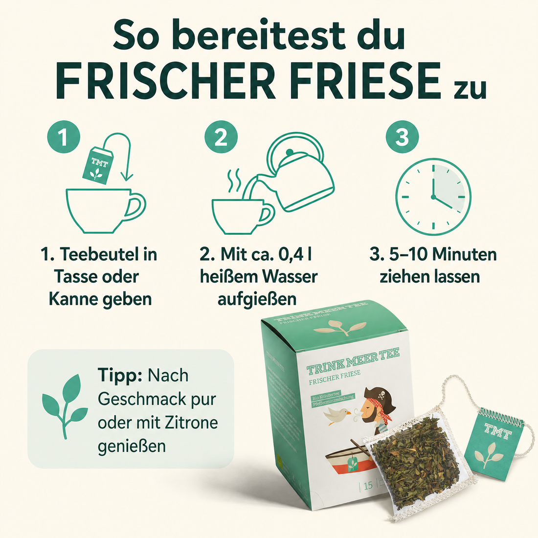 Trink Meer Tee Pfefferminztee Frischer Friese Bio Kräutertee in Teebeuteln, erfrischend und aromatisch, handgenähte Kissenbeutel aus Netzmaterial, maritimes Design, hergestellt in Deutschland - 15 x 1,5g Beutel