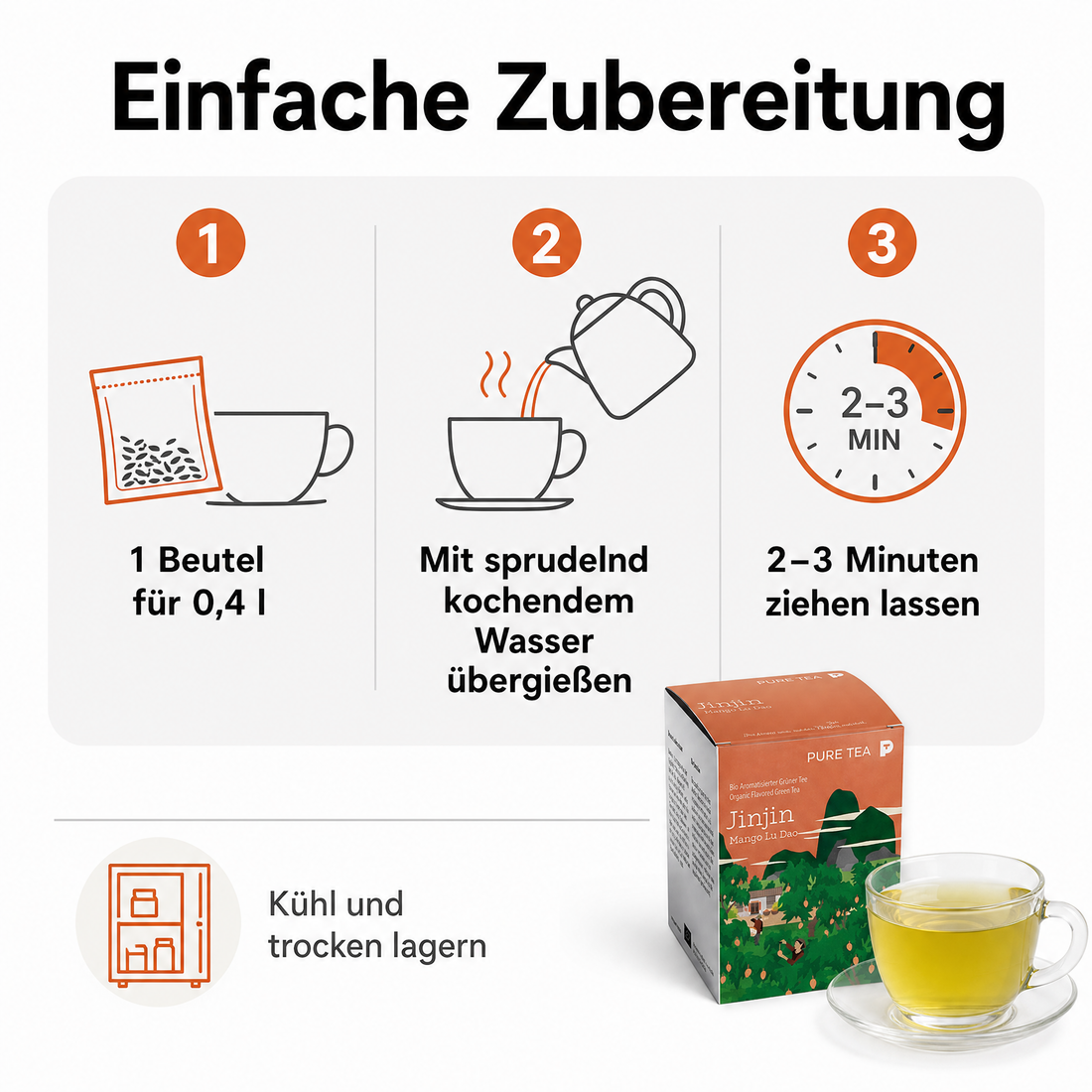 PURE TEA Jinjin Bio Grüner Tee Mango Lu Dao, aromatisierter Grüntee in flachen Kissenbeuteln, 15 x 3 g, einzeln verpackt, Dispenserbox 12 x 9 x 9 cm, glutenfrei, mittlerer Koffeingehalt