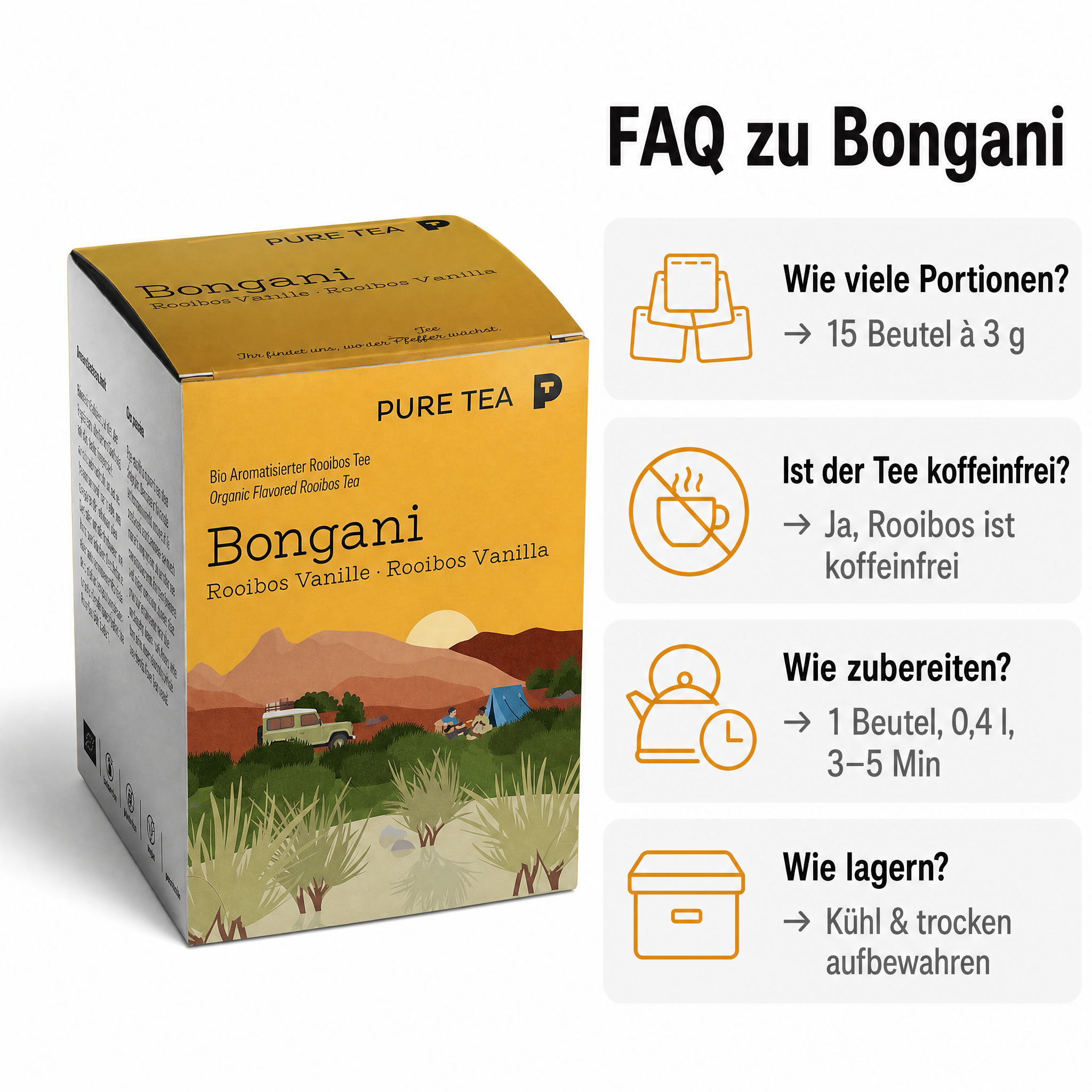 PURE TEA Rooibos Tee Bongani Vanille, aromatisierter Rotbuschtee, Bio, 15 Kissenbeutel à 3 g (45 g), koffeinfrei, flache handgenähte Beutel, Dispenserbox 12 × 9 × 9 cm