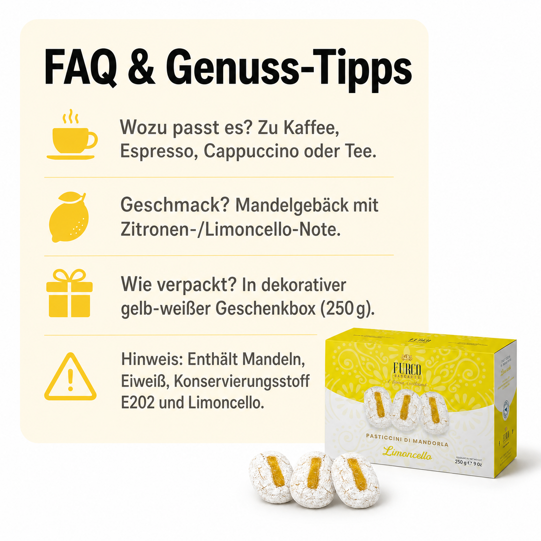 Furco Kekse Pasticcini di Mandorla Limoncello, italienische Mandelgebäck-Spezialität mit Zitrone und Puderzucker, weiches sizilianisches Gebäck in gelb‑weißer Geschenkbox, 250 g