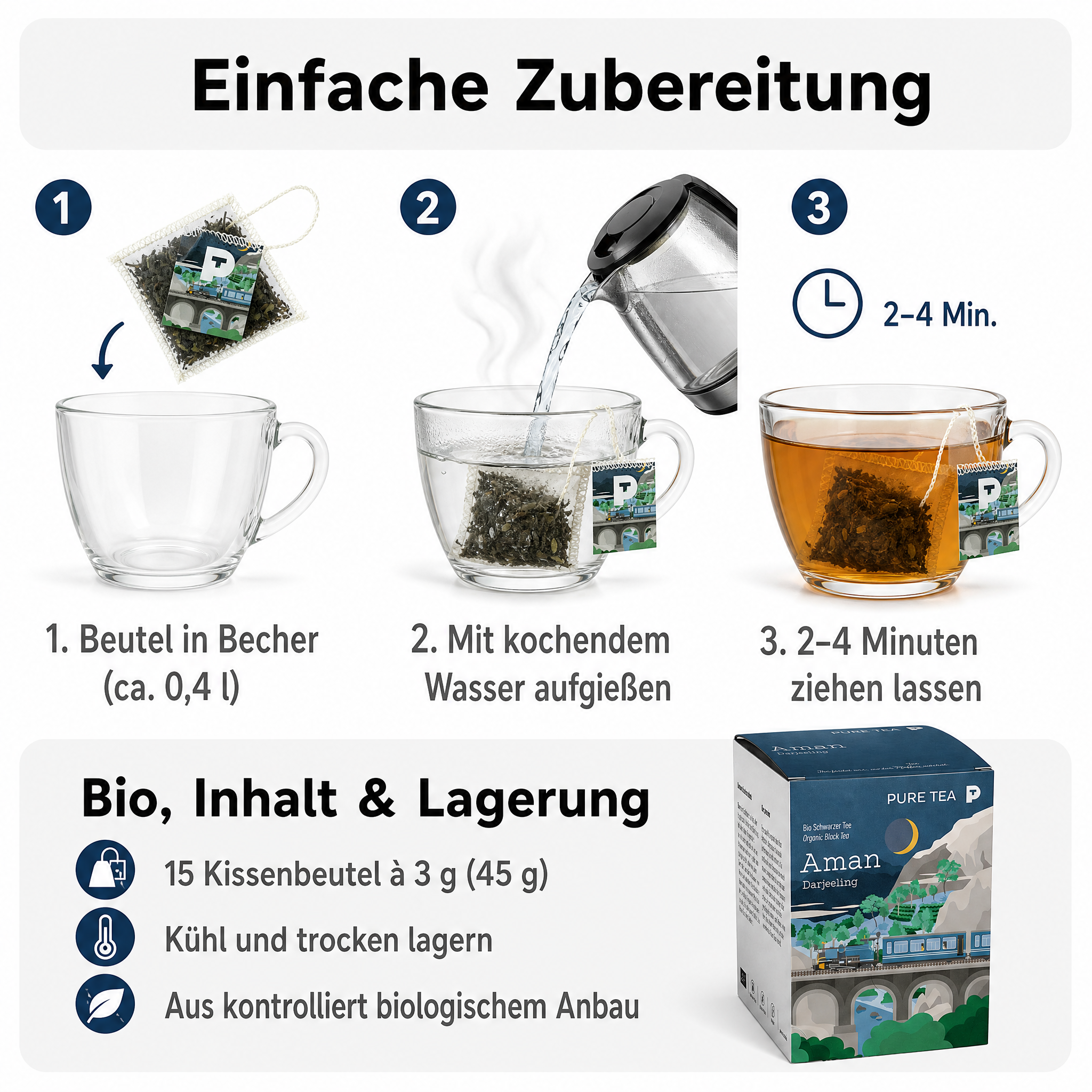 PURE TEA Aman Darjeeling Tee, Bio-Schwarztee mit g.g.A., handgepflückt im Himalaya, handgenähte Kissenbeutel, einzeln verpackt und aromaversiegelt, Dispenserbox, kontrolliert biologischer Anbau gemäß EU-Öko-Standards (Kontrollstelle PL-EKO-01)