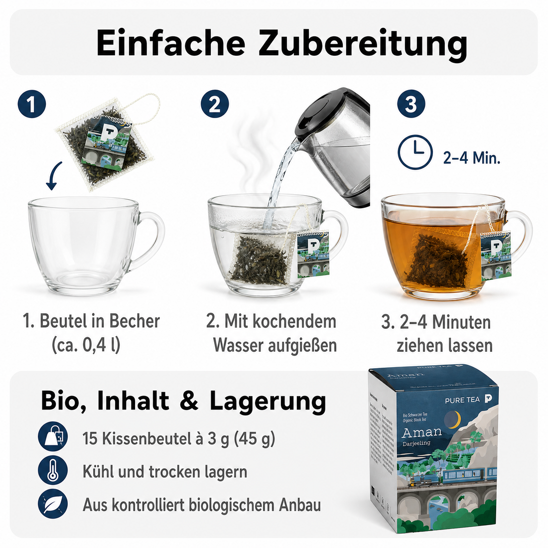PURE TEA Aman Darjeeling Tee, Bio-Schwarztee mit g.g.A., handgepflückt im Himalaya, handgenähte Kissenbeutel, einzeln verpackt und aromaversiegelt, Dispenserbox, kontrolliert biologischer Anbau gemäß EU-Öko-Standards (Kontrollstelle PL-EKO-01)
