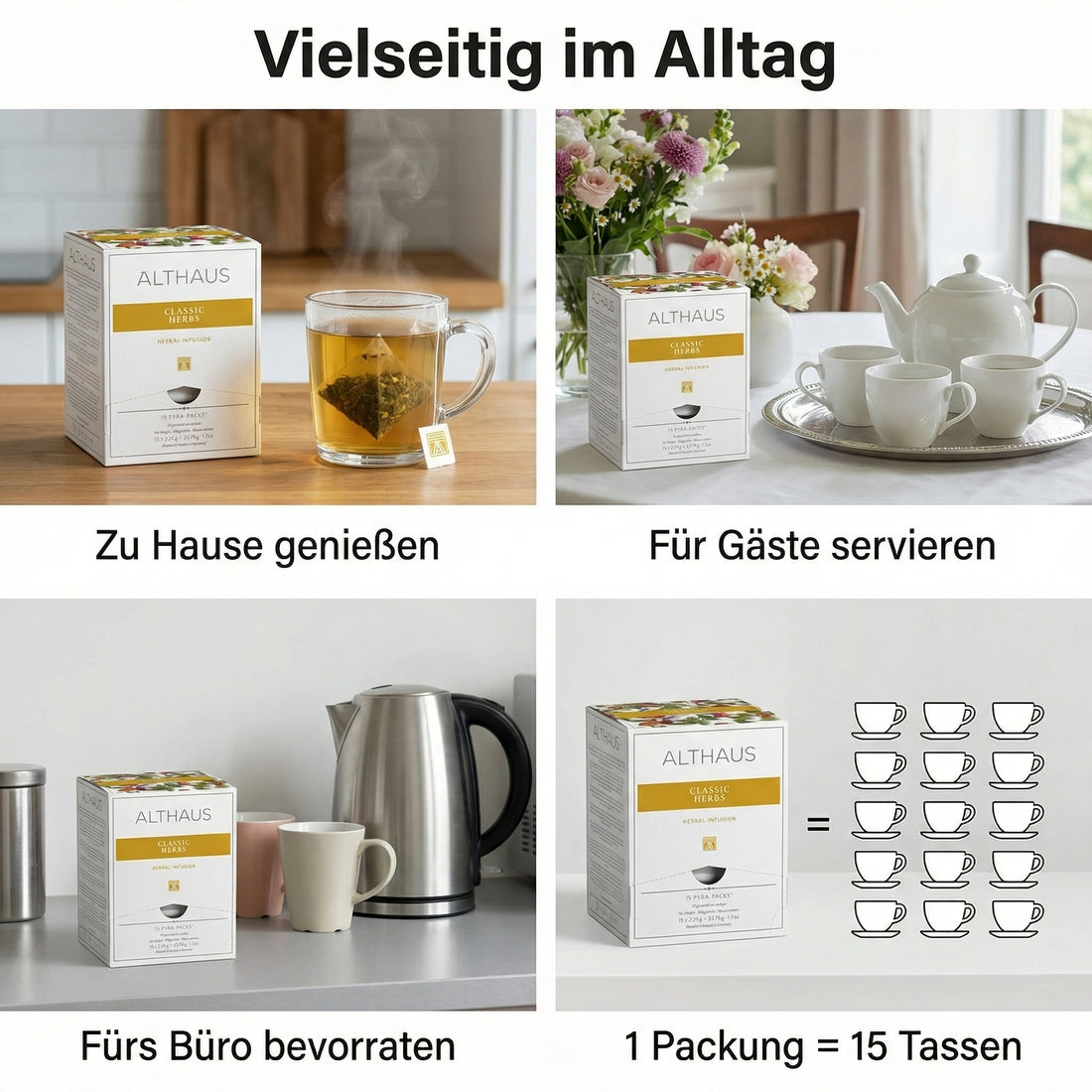 ALTHAUS Kräutertee Classic Herbs, koffeinfrei im Pyramidenbeutel, Pfefferminze-Kamille-Salbei harmonisch abgestimmt, 15 × 2,25 g = 33,75 g, in Deutschland gemischt & verpackt