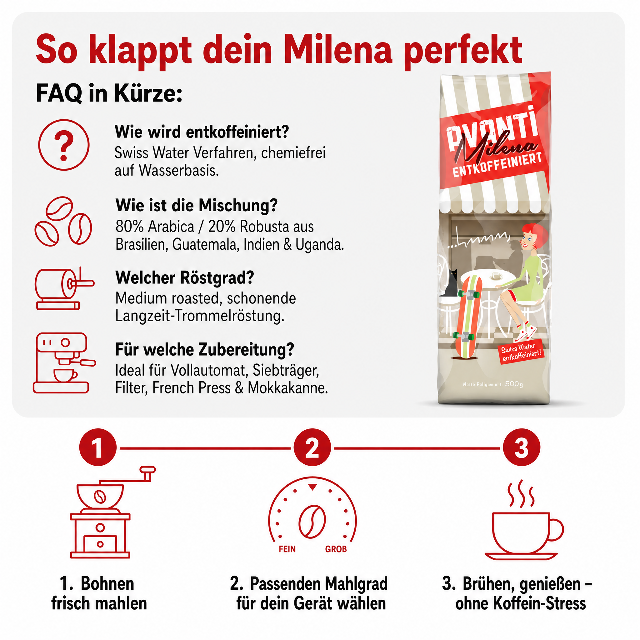 Avanti Kaffeebohnen Entkoffeiniert Milena Espresso, Swiss Water entkoffeiniert, 80% Arabica/20% Robusta, Medium Röstung, säurearm, ganze Bohne, 500 g, Langzeit-Trommelröstung