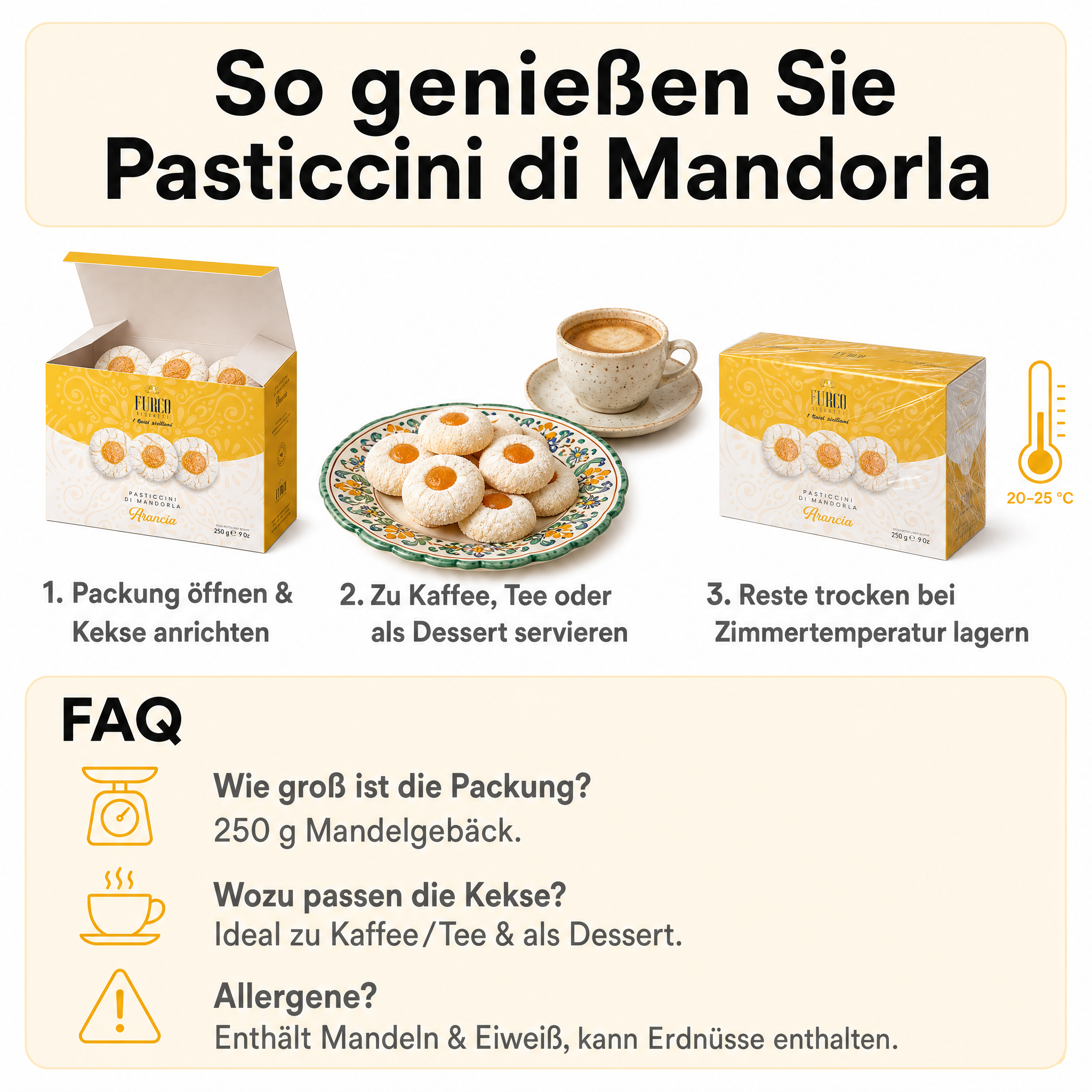 Furco Mandelgebäck Pasticcini di Mandorla Arancia, Italienische Kekse mit Orange, Sizilianisches Gebäck in Geschenkbox, Amarettini, Hergestellt in Italien, 250 g