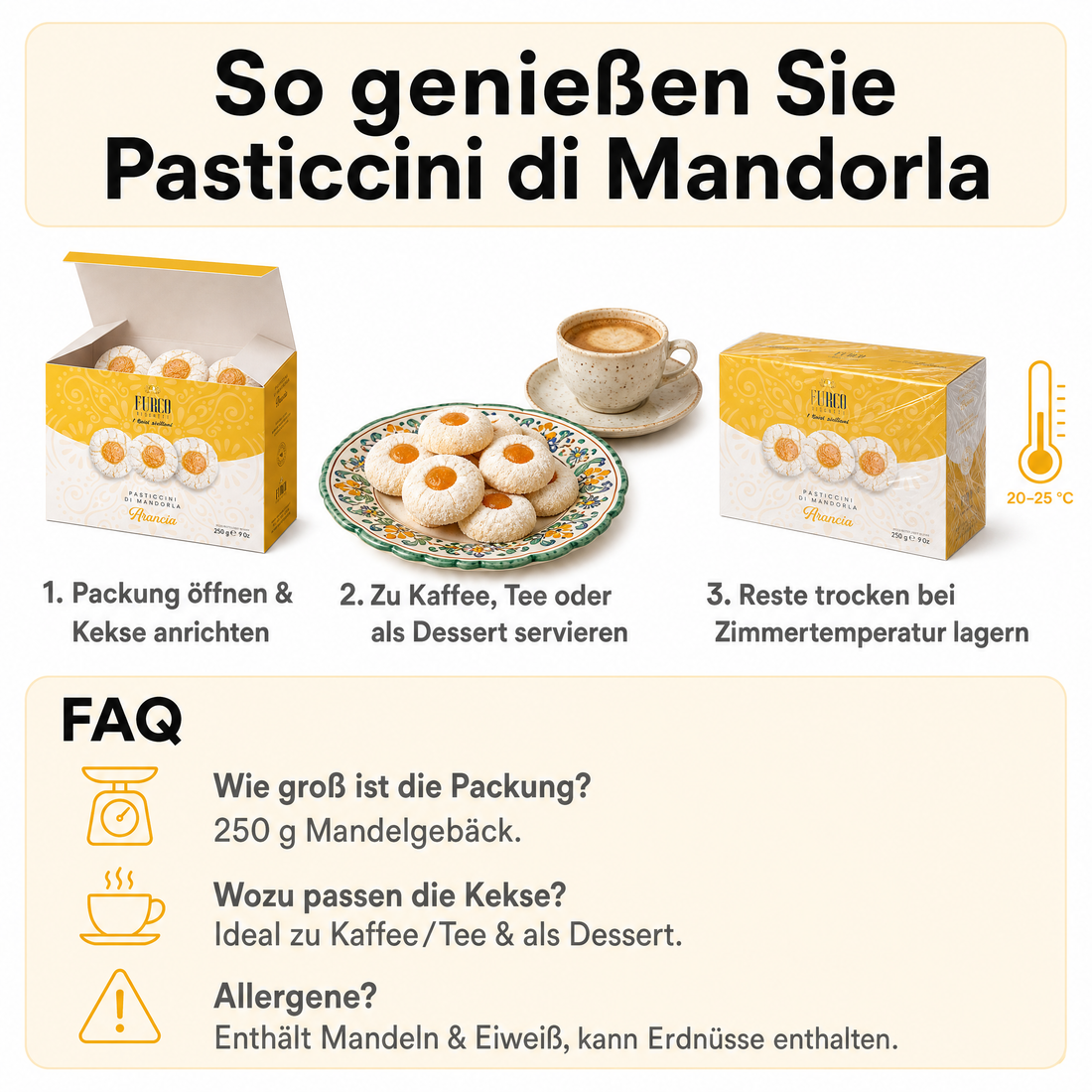 Furco Mandelgebäck Pasticcini di Mandorla Arancia, Italienische Kekse mit Orange, Sizilianisches Gebäck in Geschenkbox, Amarettini, Hergestellt in Italien, 250 g