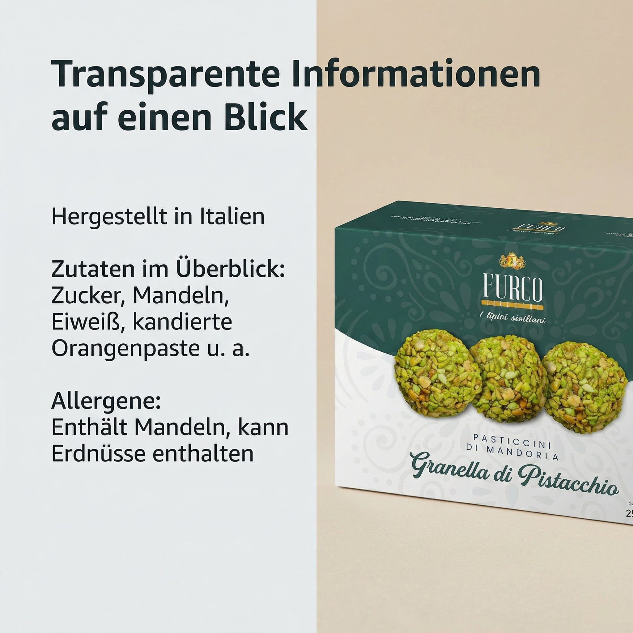 FURCO Pasticcini di Mandorla, italienisches Mandelgebäck mit Pistazien-Granella, sizilianisches Mandelgebäck für Espresso & Kaffee, Pistaziengebäck in Box, 250 g