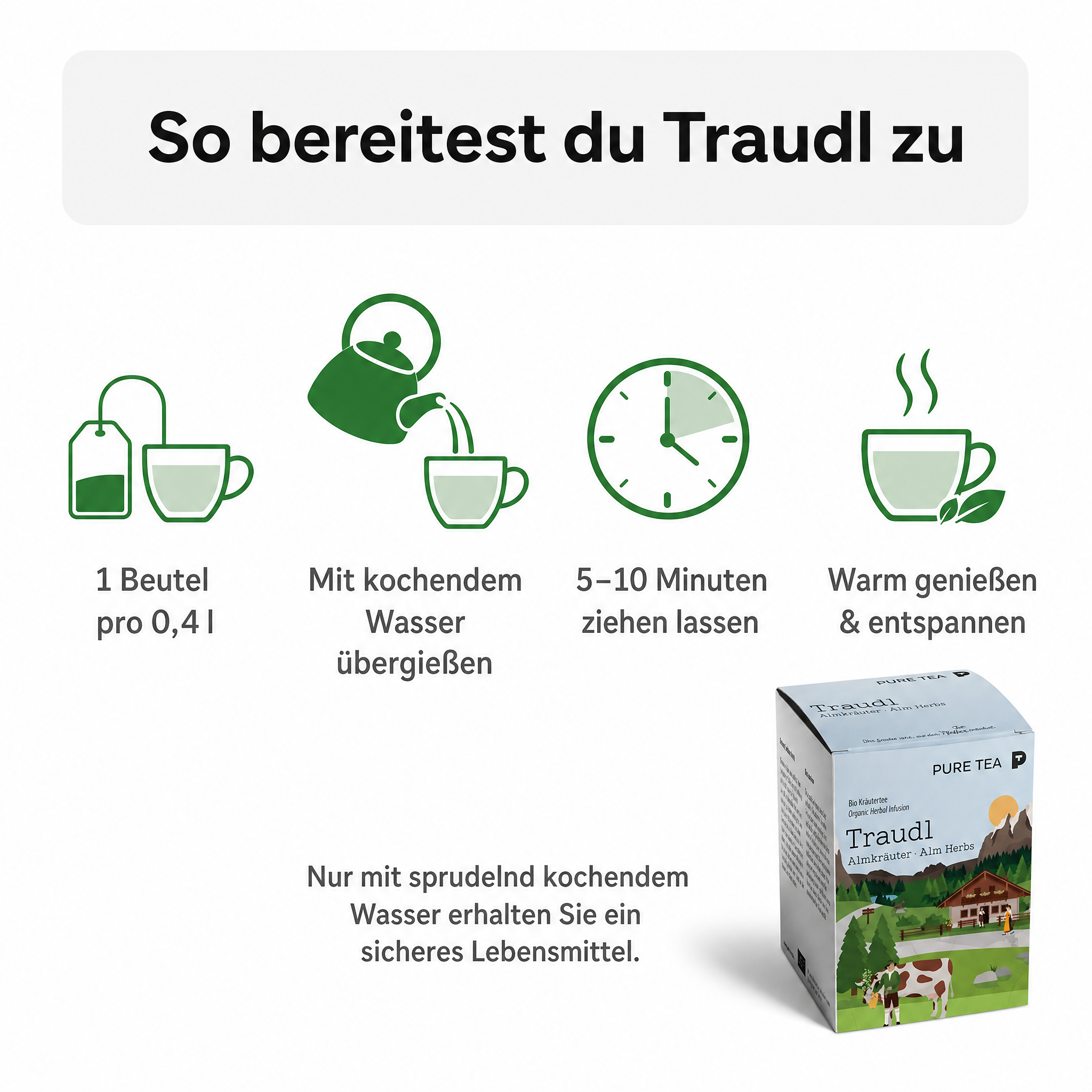 PURE TEA Traudl Bio Kräutertee Almkräuter, koffeinfreier Alpenkräuter Tee als Kräutermischung mit Spitzwegerich, Apfelminze & Melisse, einzeln verpackte Kissenbeutel in Dispenserbox