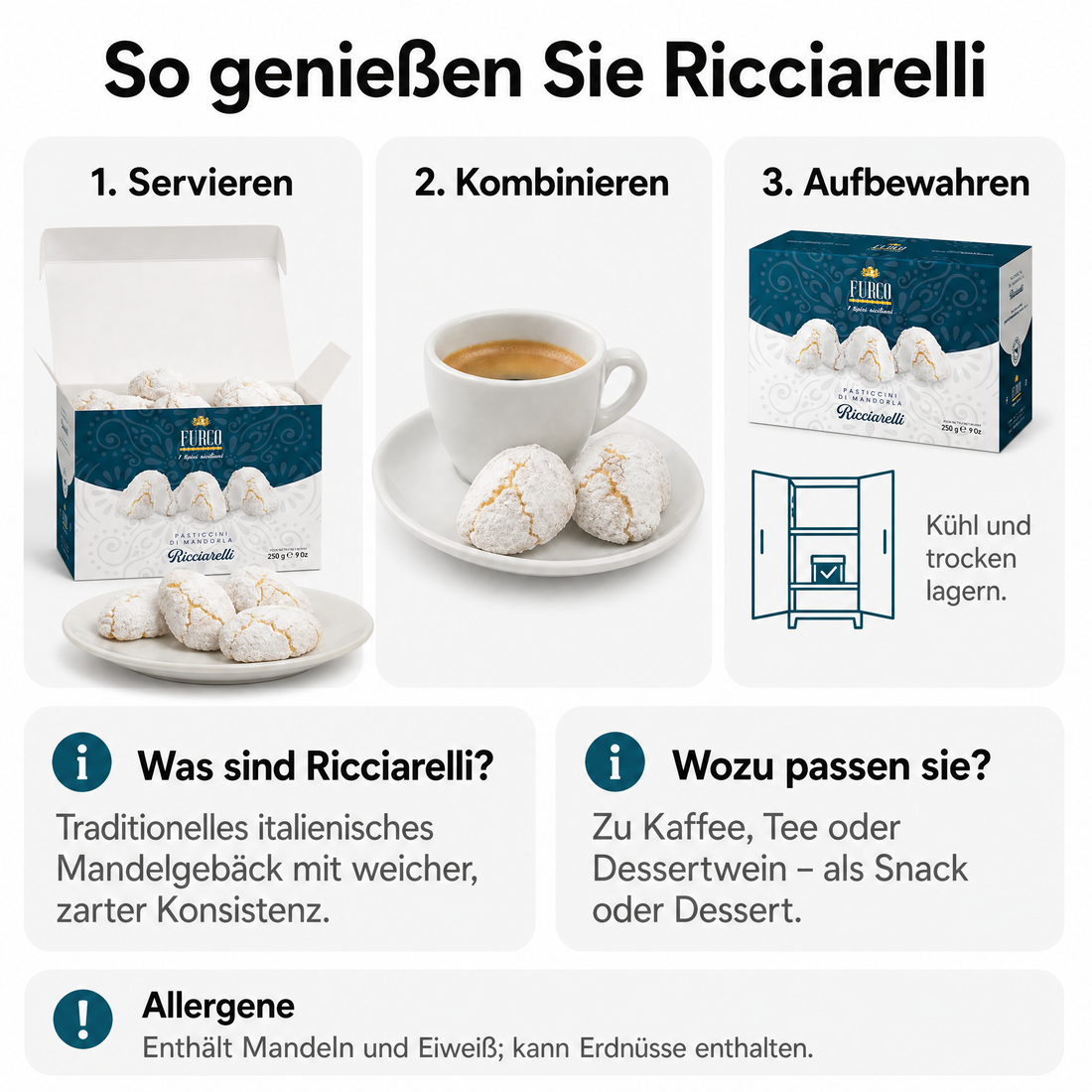 Furco Italienische Kekse Ricciarelli, Mandelgebäck mit Puderzucker, weiche zarte Textur, elegante Geschenkbox, italienisches Gebäck zu Kaffee & Tee, 250 g