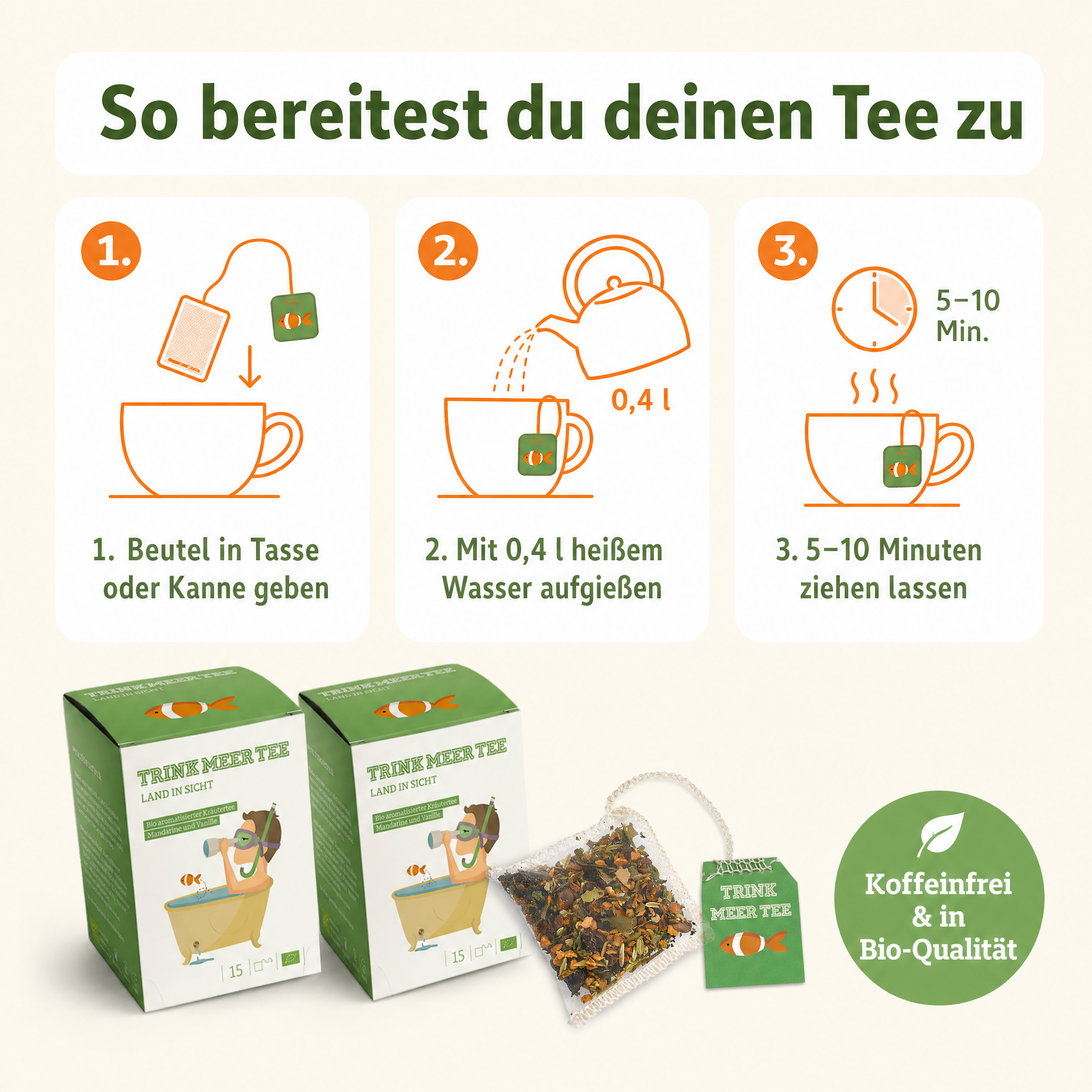Trink Meer Tee Bio Kräutertee Mandarine Vanille, 15 Kissenbeutel, Fruchtiger Premium Früchtetee mit Sanddorn, Fenchel & Melisse – handgenähte Kissenbeutel