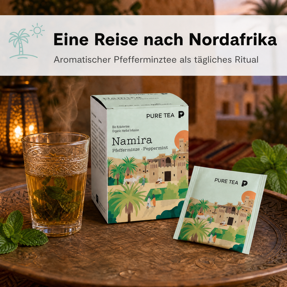 PURE TEA Namira Bio-Pfefferminztee, Kräutertee, 15 Kissenbeutel einzeln verpackt, Dispenserbox 12 x 9 x 9 cm, koffeinfrei, aus biologischem Anbau, mit nordafrikanischem Landschaftsmotiv