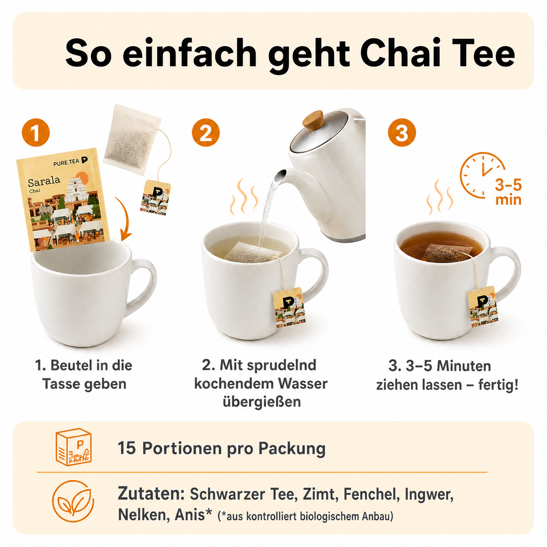 Pure Tea Chai Tee Sarala Chai, Bio-Schwarztee als Gewürztee mit Zimt, Fenchel, Ingwer, Nelken & Anis, Pyramiden-Teebeutel, einzeln verpackt in Dispenserbox, 12 x 9 x 9 cm
