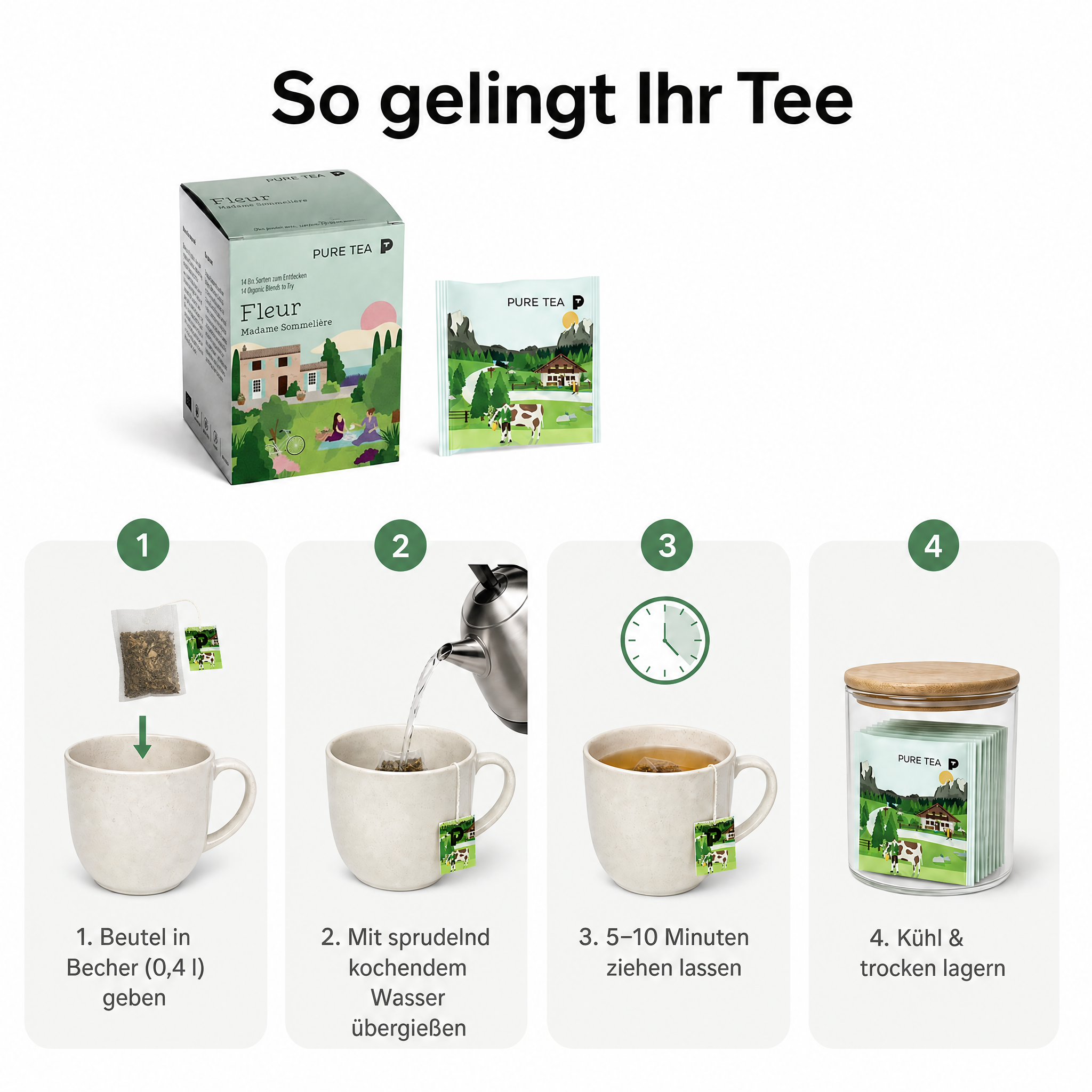 Pure Tea Bio Tee Geschenkset FLEUR Auswahlbox, Premium Tee Set als Probierbox mit Grüntee, Schwarztee, Kräutertee und Früchtetee, handgenähte Kissen-Teebeutel, einzeln verpackt, geschenkfähige Box