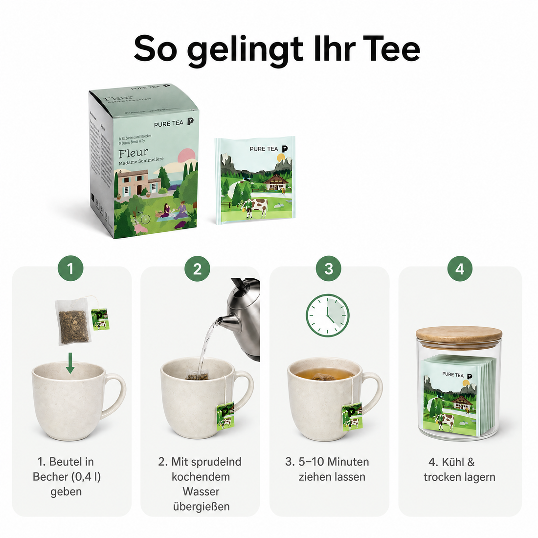 Pure Tea Bio Tee Geschenkset FLEUR Auswahlbox, Premium Tee Set als Probierbox mit Grüntee, Schwarztee, Kräutertee und Früchtetee, handgenähte Kissen-Teebeutel, einzeln verpackt, geschenkfähige Box