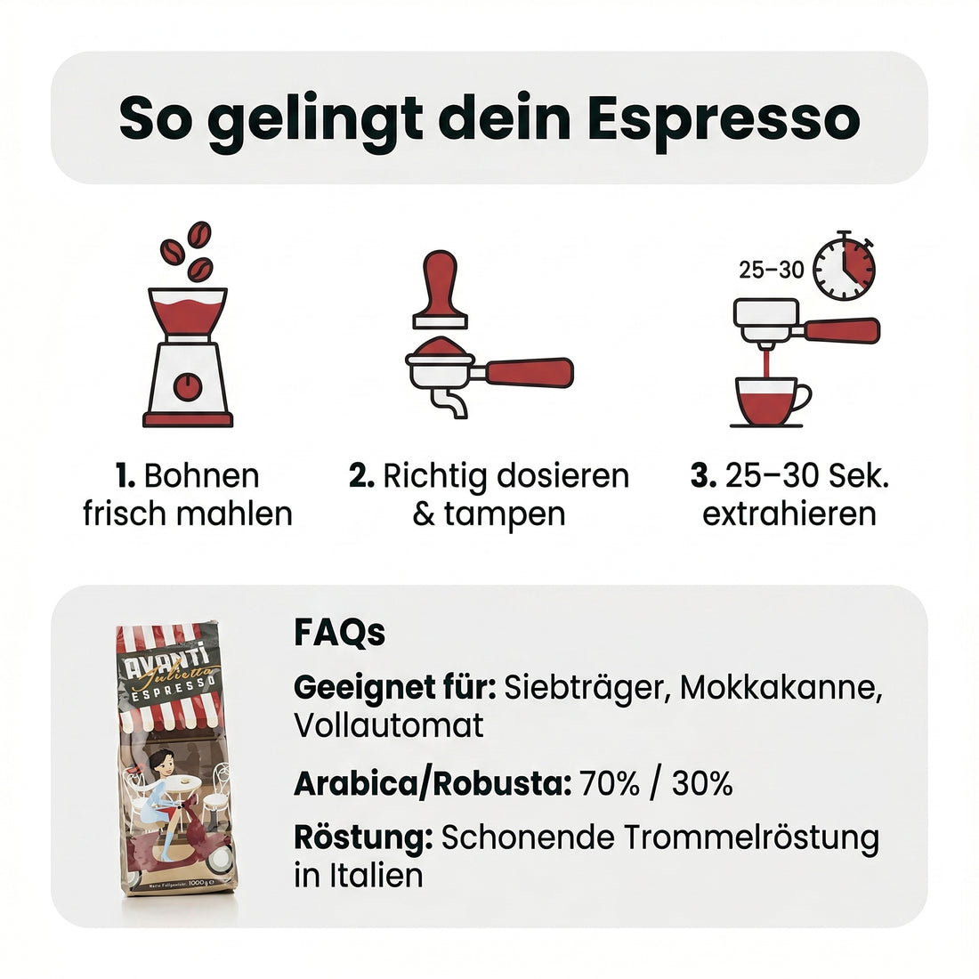 AVANTI Espresso Bohnen Julietta, Espressobohnen 500g – säurearm, Medium Dark Roast, Trommelröstung, 70% Arabica 30% Robusta, geröstet in Italien, ganze Kaffeebohnen mit dichter Crema