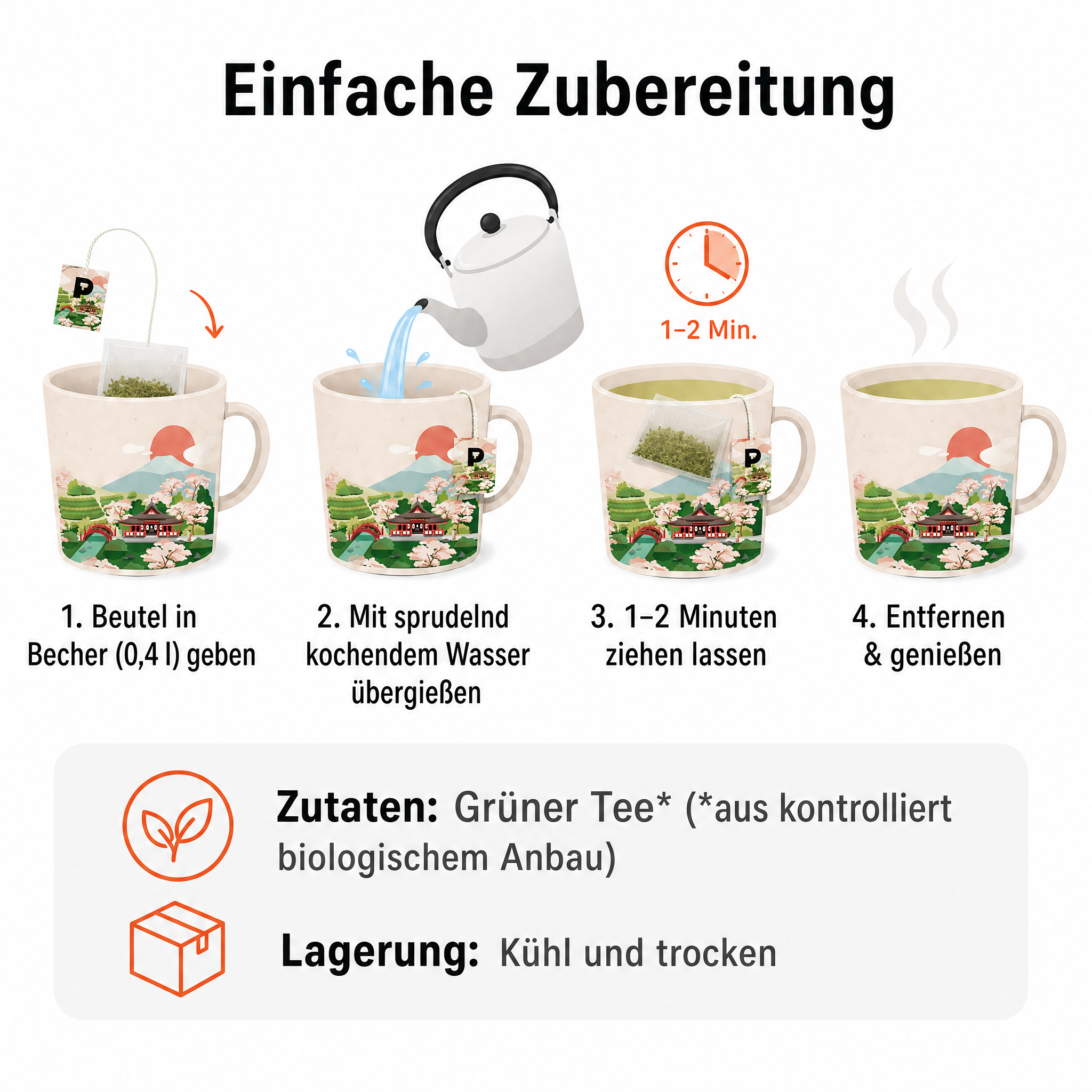 Pure Tea Grüner Tee Sencha Hayato, japanischer Bio Grüntee im Kissenbeutel, 15 Beutel à 3 g, Premiumqualität, Dispenserbox, frisch-duftiges Aroma